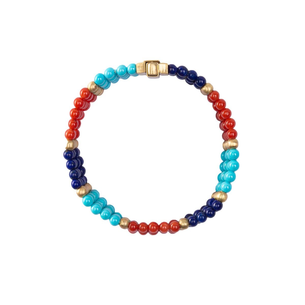 Round Cut Alex Jona Coral Turquoise Lapis Lazuli Yellow Gold Cuff Bracelet For Sale