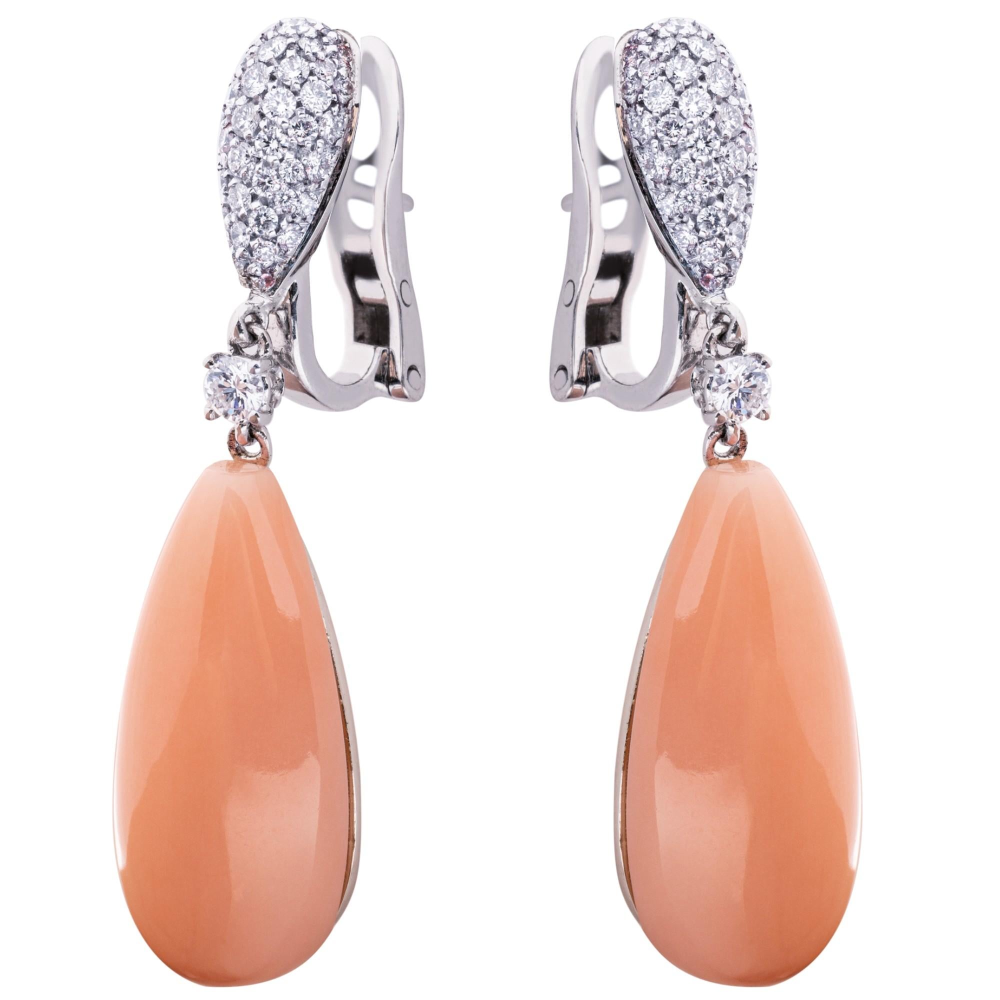 Cabochon Alex Jona Coral White Diamond 18 Karat White Gold Drop Earrings For Sale