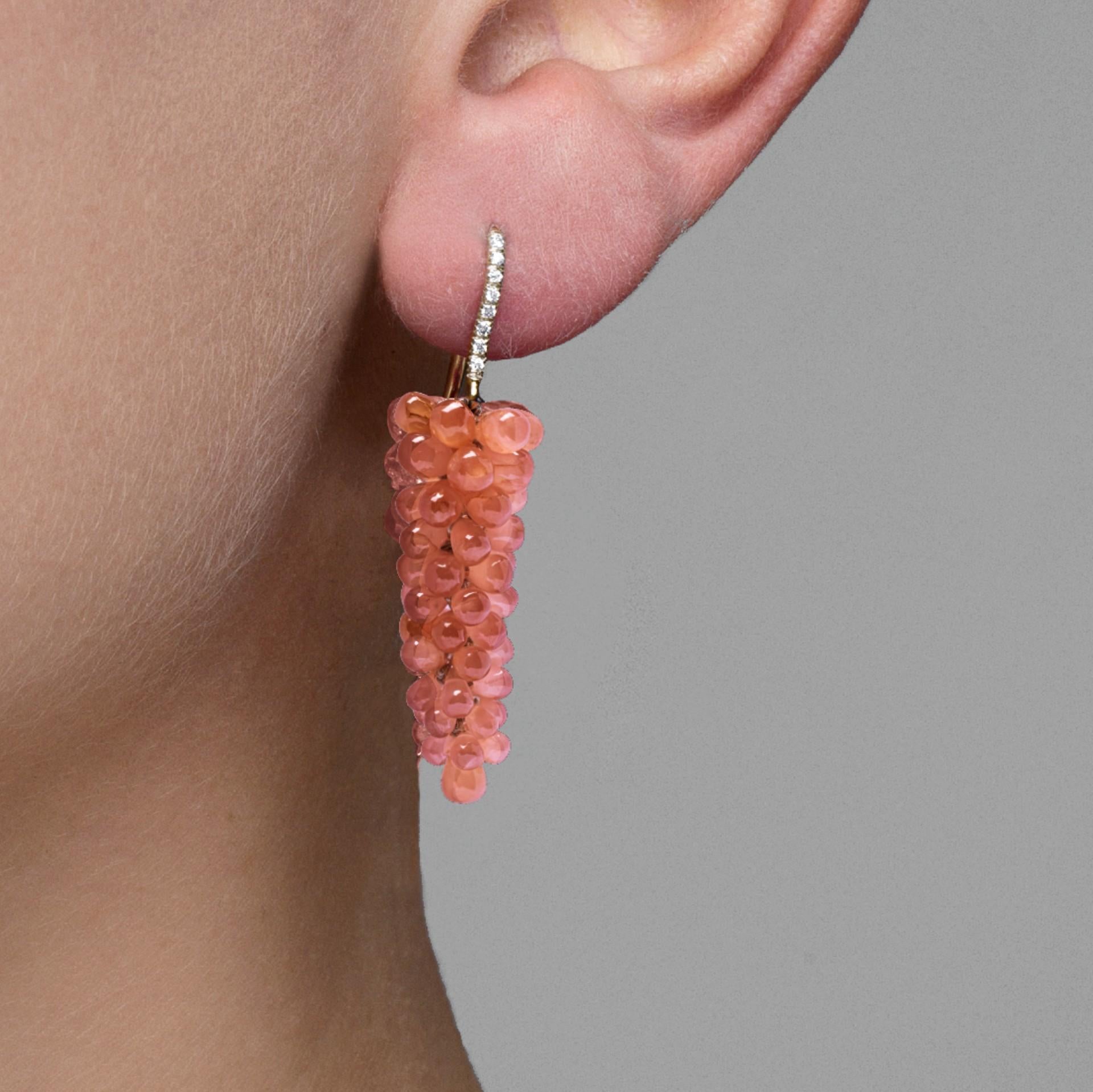 Alex Jona hand crafted in Italy, 18 karat rose gold pendant earrings, featuring two rhodochrosite clusters  weighing 25.45 carats and set with 0.10 carats of white diamonds. 

Alex Jona jewels stand out, not only for their special design and for the