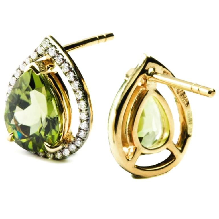 Contemporary Alex Jona Drop Peridot White Diamond Yellow Gold Stud Earrings For Sale