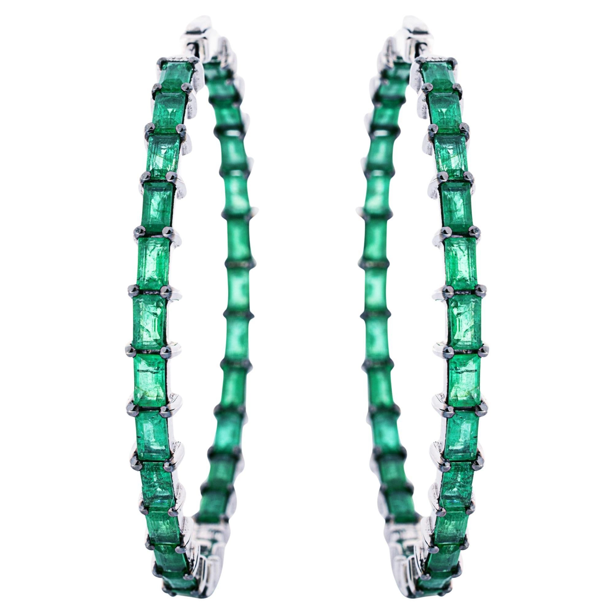 Alex Jona Emerald 18 Karat White Gold Hoop Earrings For Sale