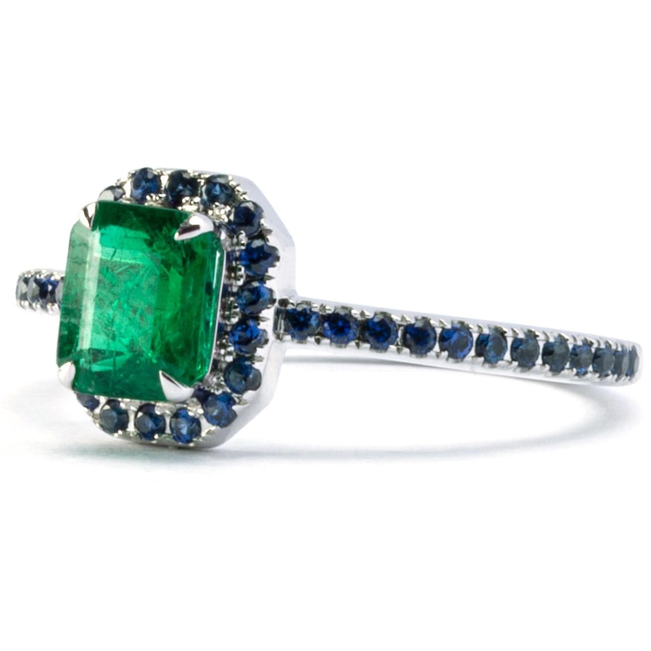 Contemporary Alex Jona Emerald Blue Sapphire White Gold Solitaire Halo Ring For Sale