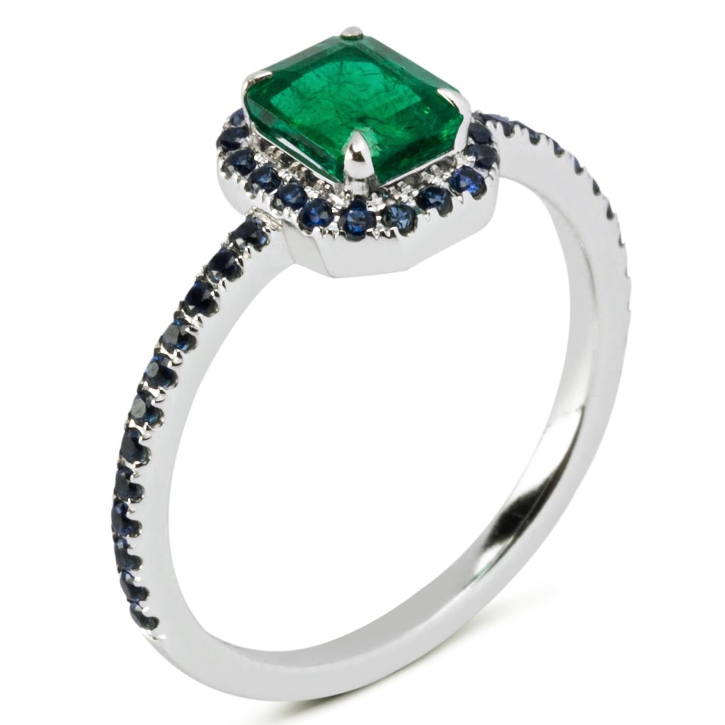 Emerald Cut Alex Jona Emerald Blue Sapphire White Gold Solitaire Halo Ring For Sale