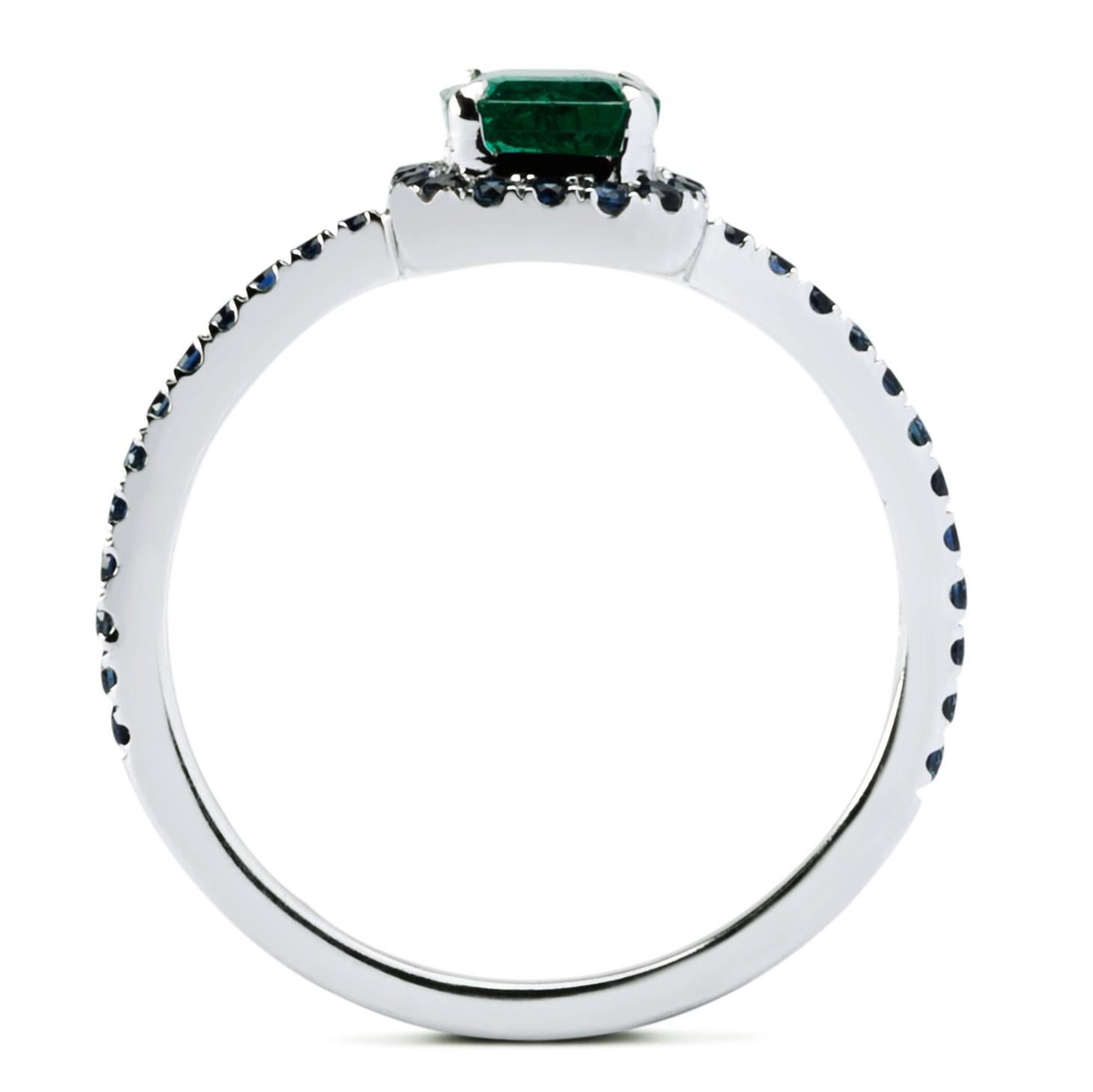Women's or Men's Alex Jona Emerald Blue Sapphire White Gold Solitaire Halo Ring For Sale