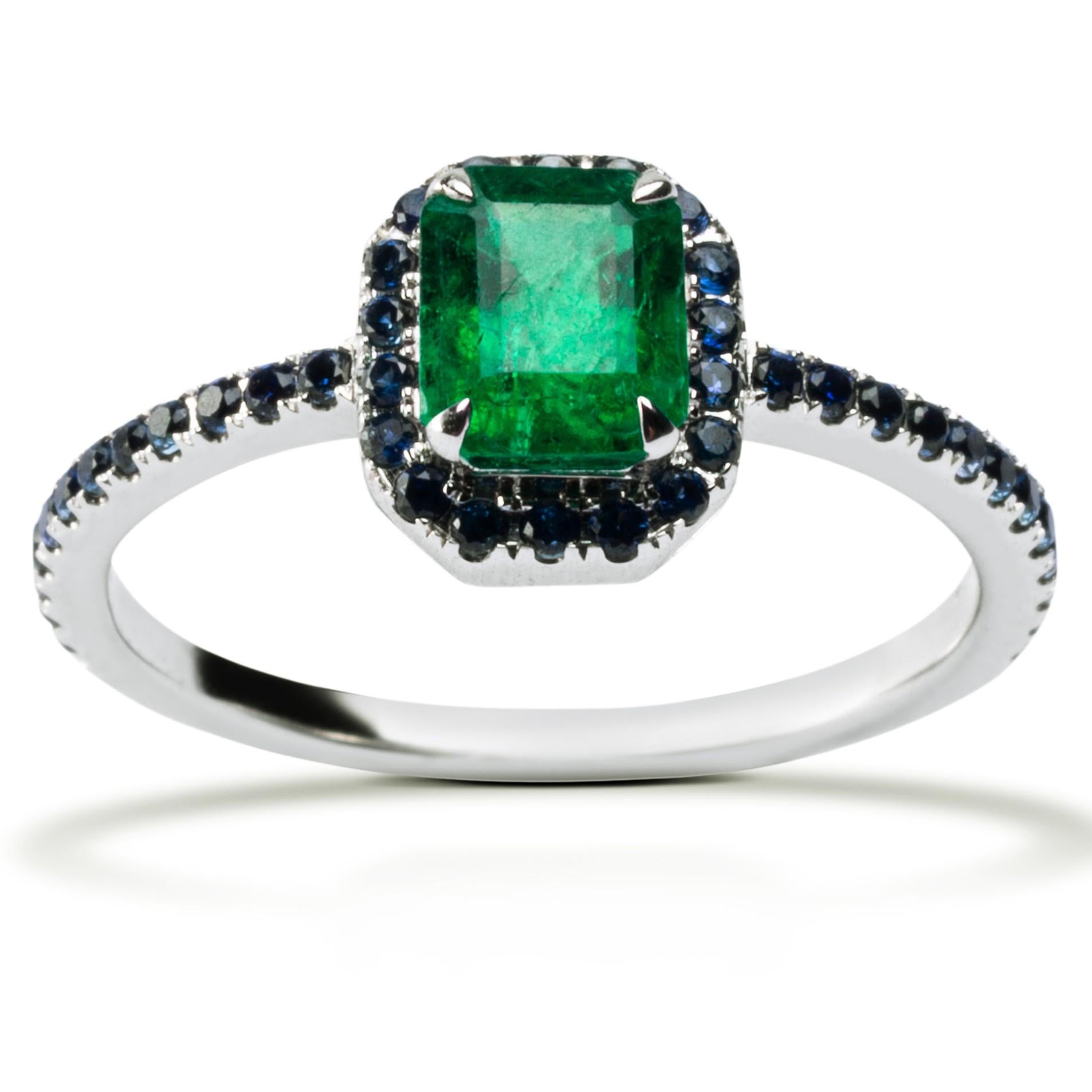 Alex Jona Emerald Blue Sapphire White Gold Solitaire Halo Ring