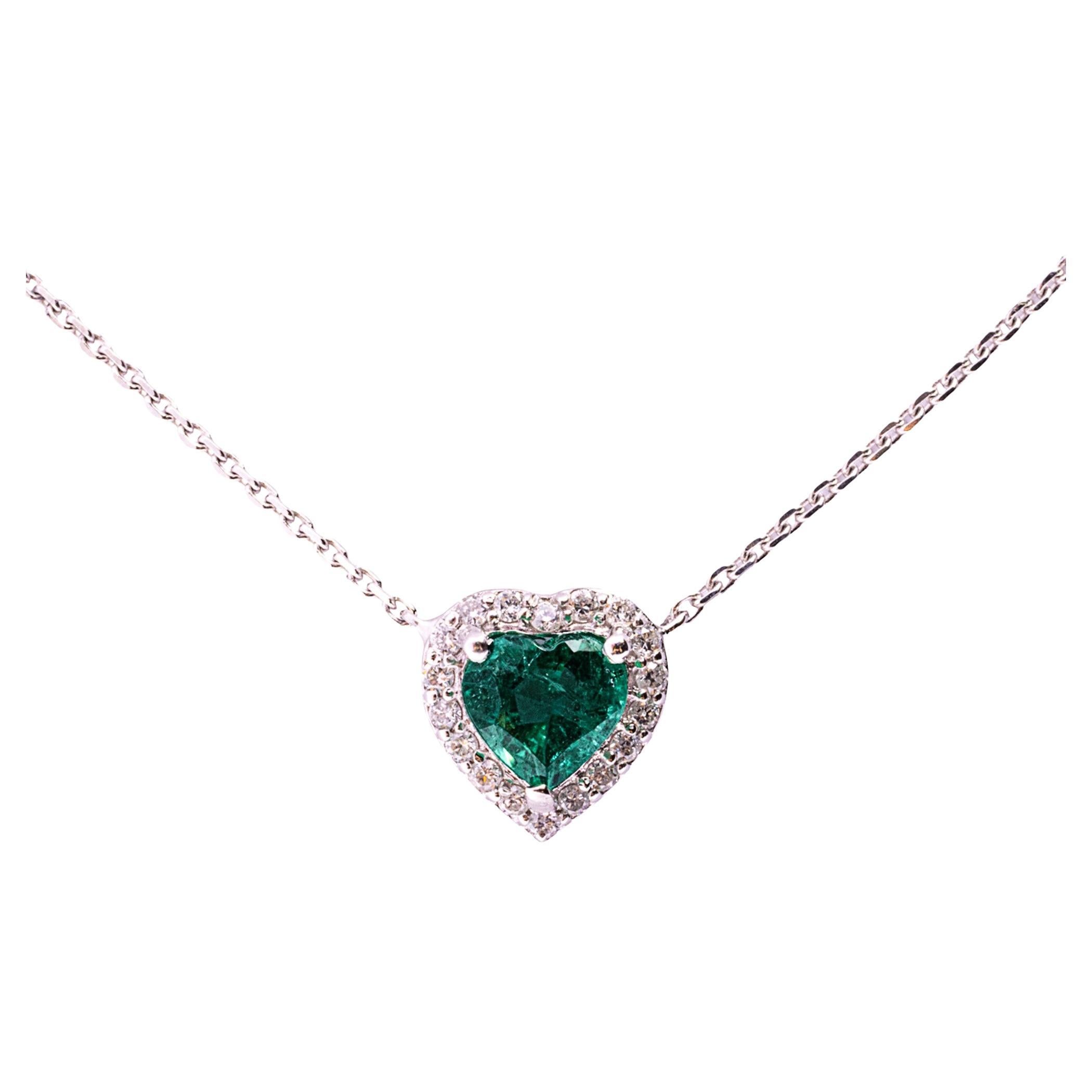 Heart Cut Alex Jona Emerald & White Diamond 18 Karat Gold Pendant Necklace For Sale