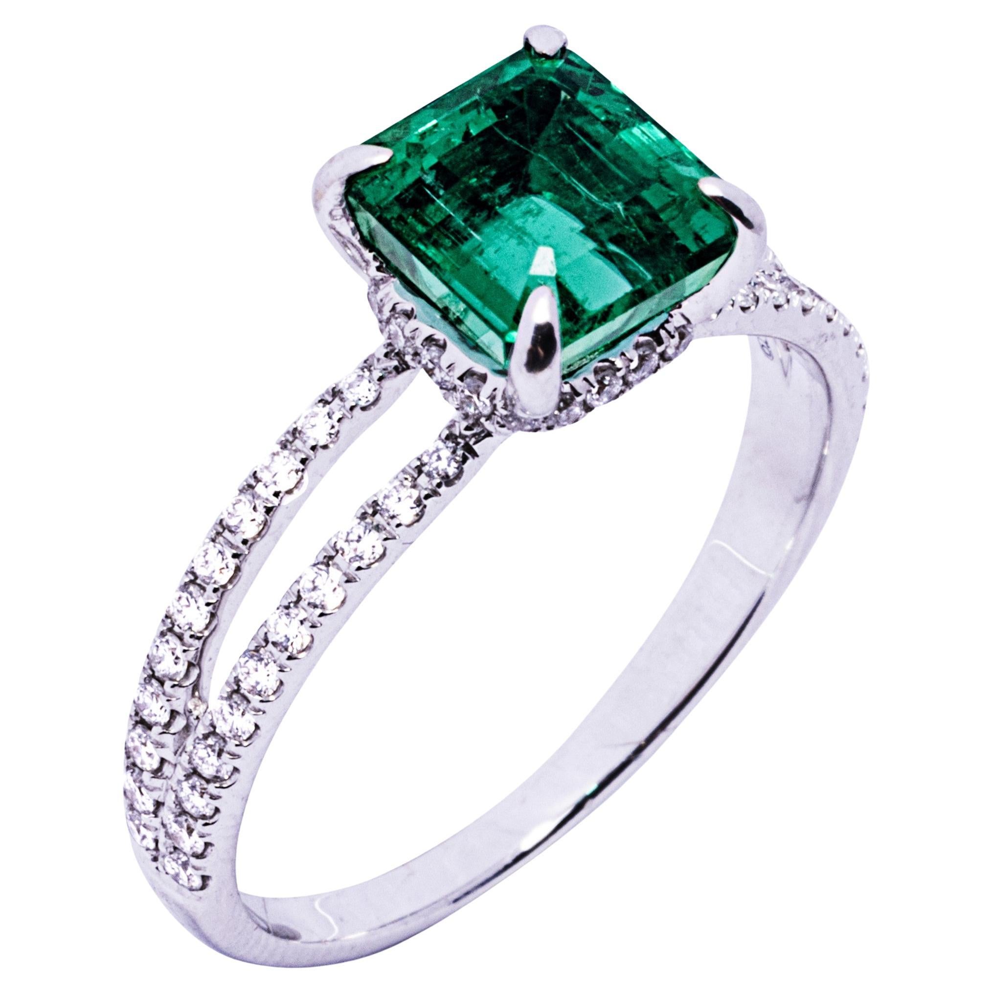 Alex Jona Emerald White Diamond 18 Karat White Gold Solitaire Ring For Sale