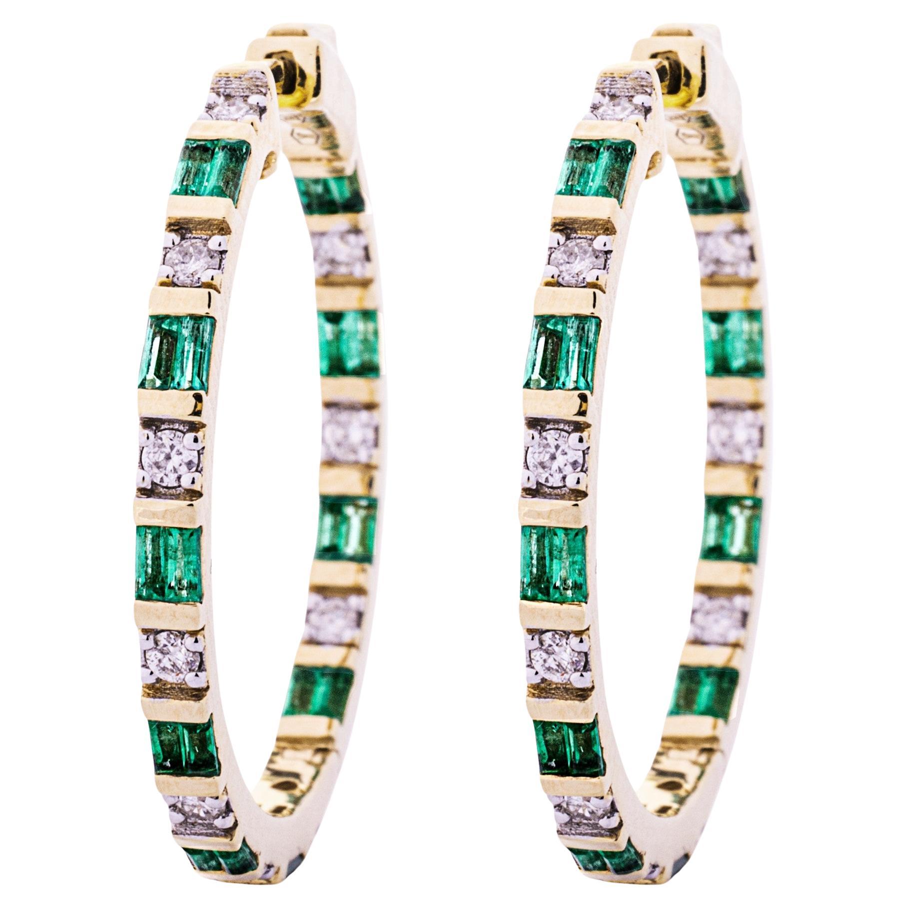 Alex Jona Emerald White Diamond 18 Karat Yellow Gold Hoop Earrings For Sale