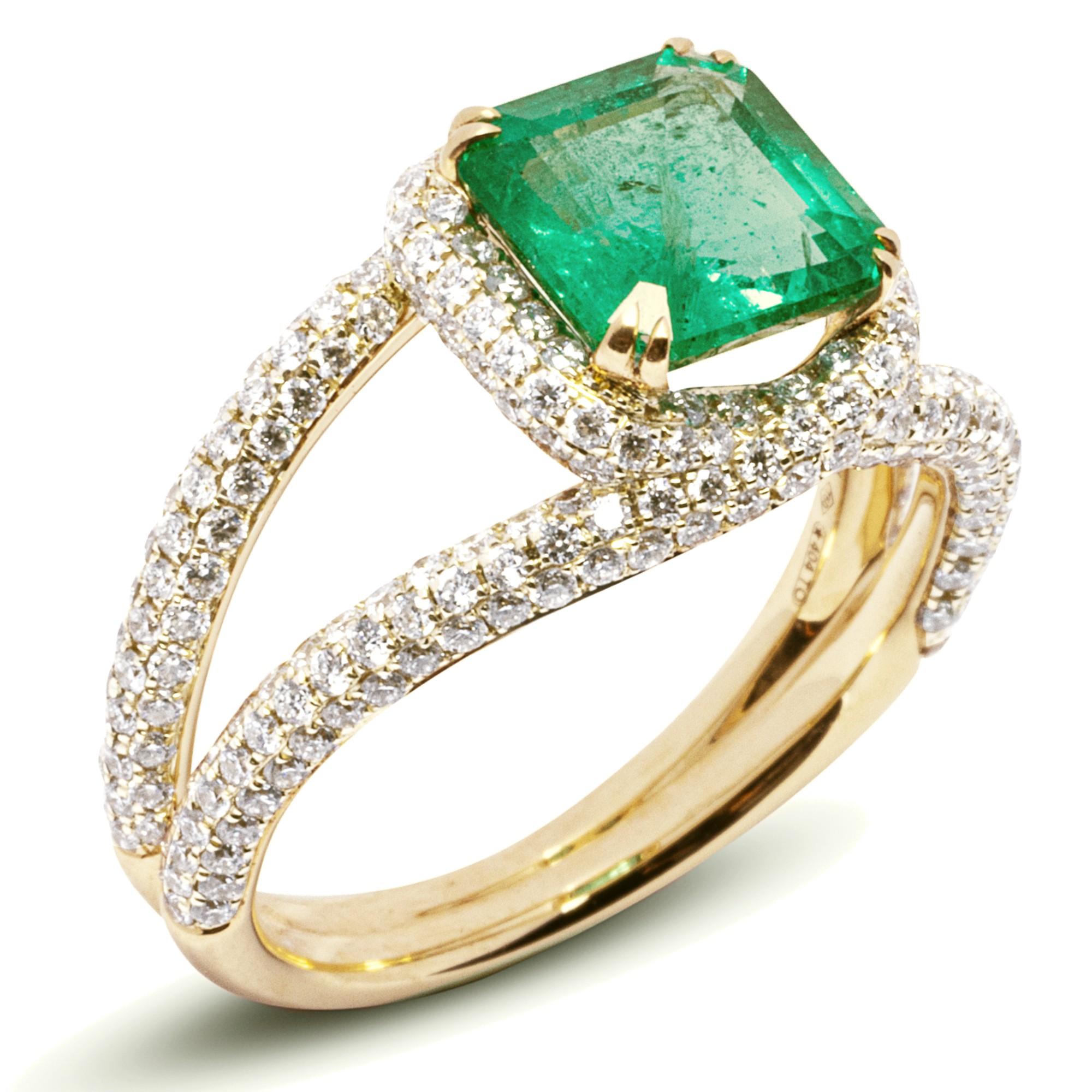 Alex Jona Solitär-Ring, Smaragd, weißer Diamant, 18 Karat Gelbgold (Smaragdschliff) im Angebot