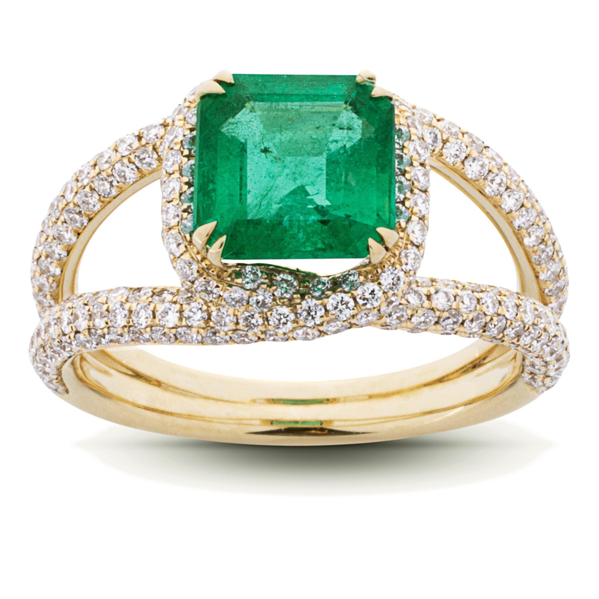Alex Jona Emerald White Diamond 18 Karat Yellow Gold Solitaire Ring For Sale