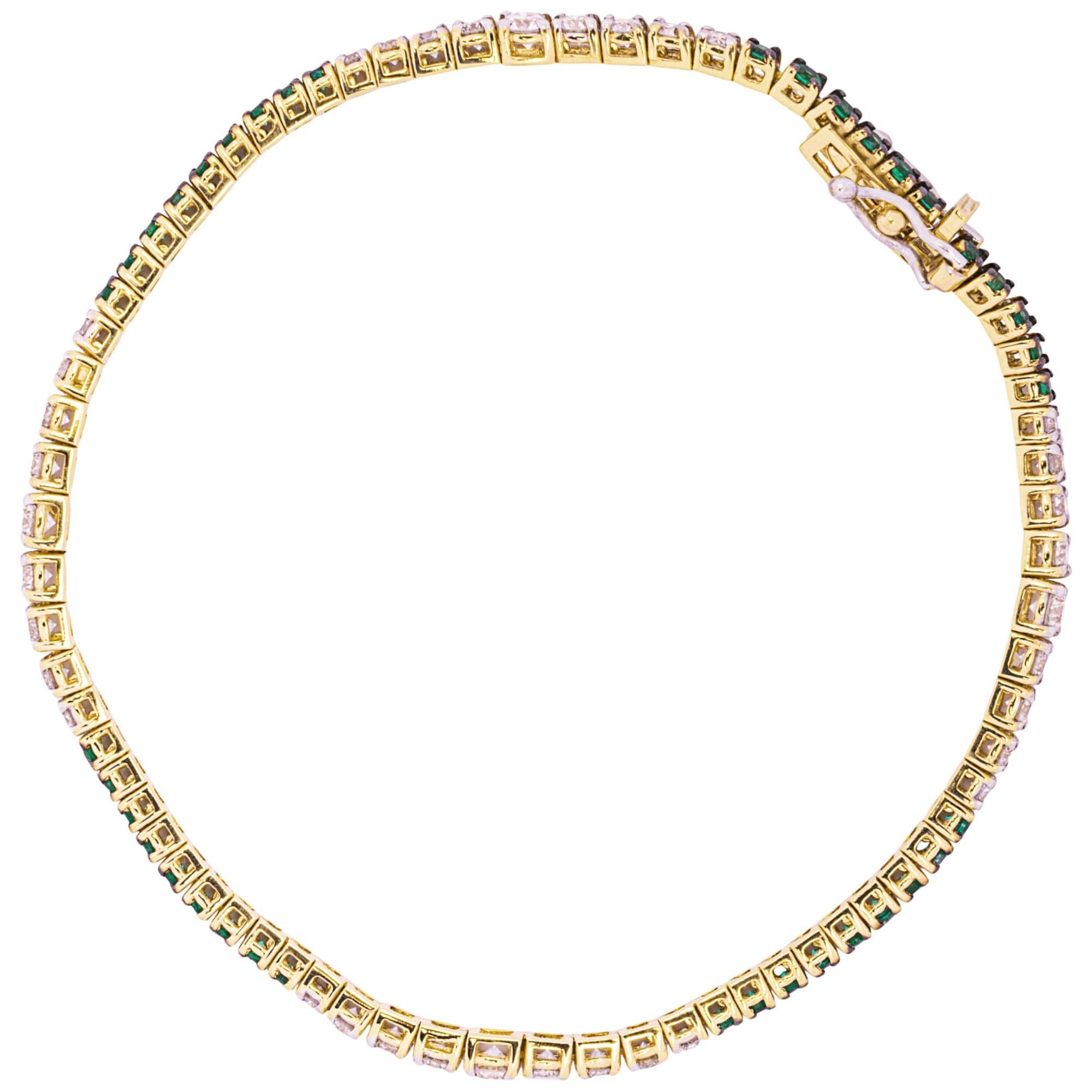  Alex Jona Emerald White Diamond 18 Karat Yellow Gold Tennis Bracelet For Sale 1