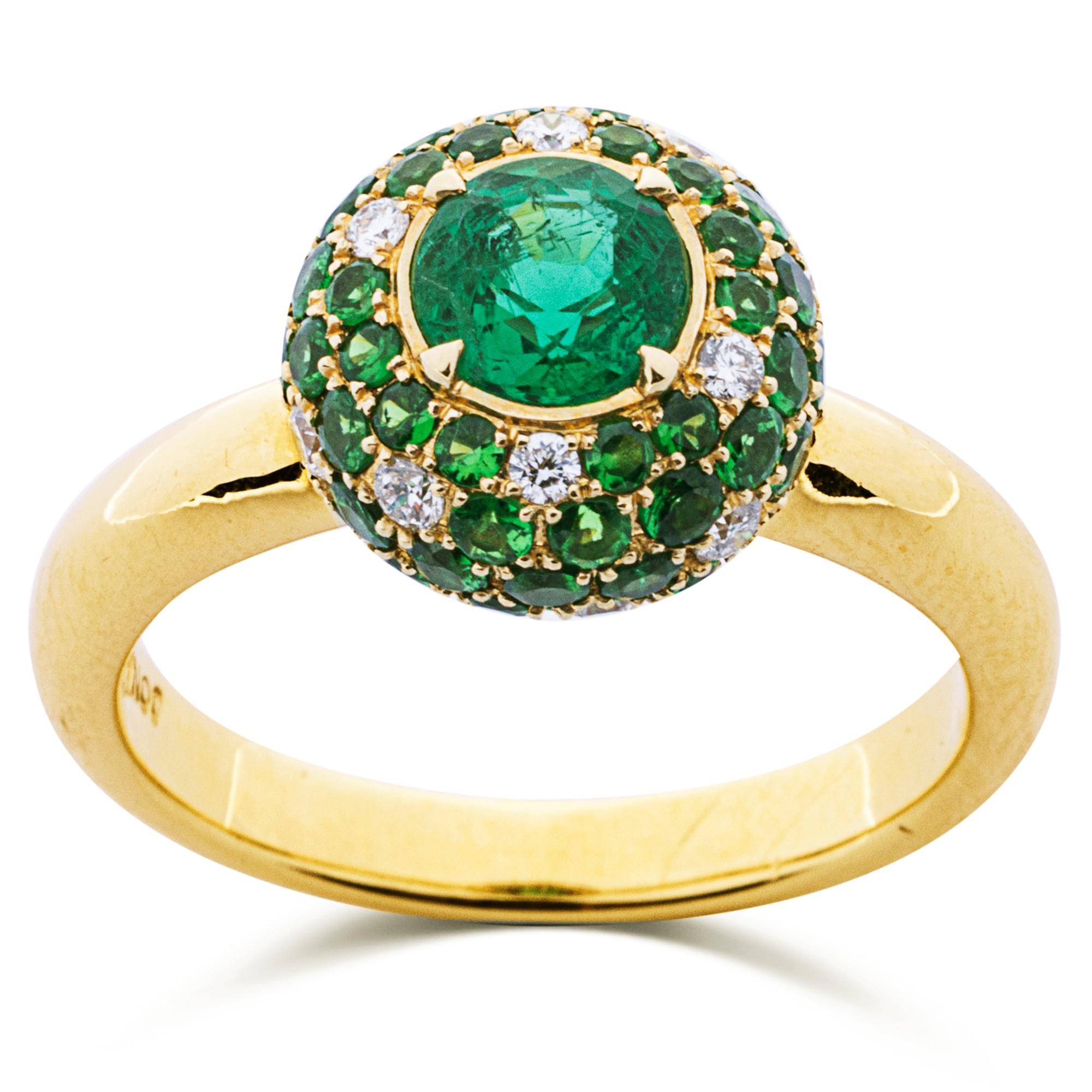 Contemporary Alex Jona Emerald White Diamond Tsavorite 18 Karat Yellow Gold Ring For Sale