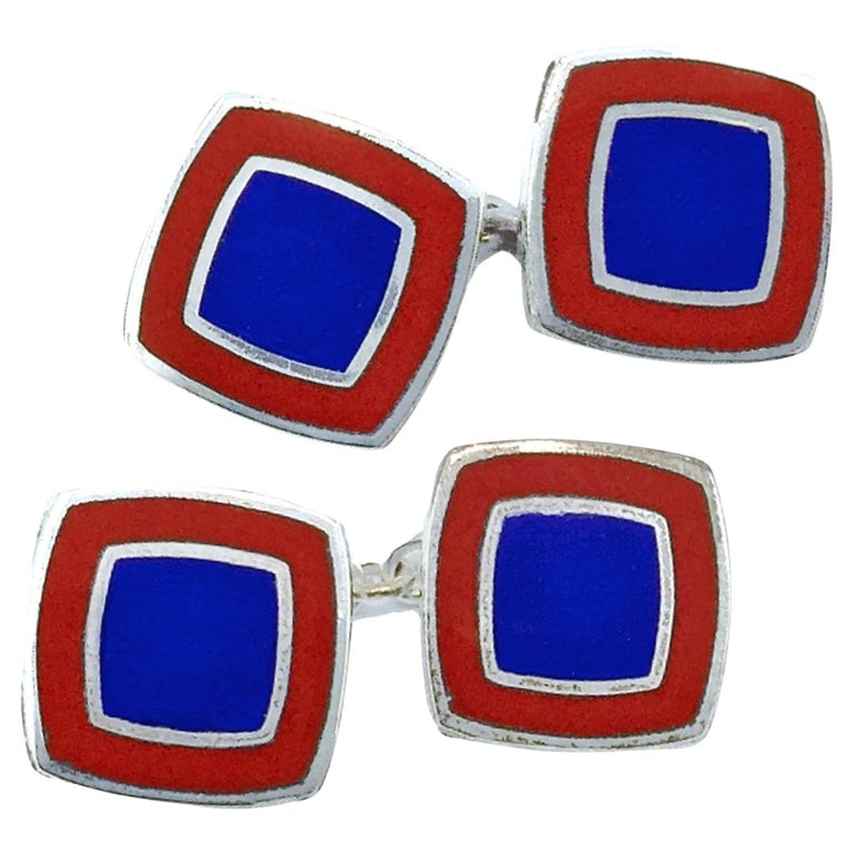 Boutons De Manchette Anciens émail Bleu Et Métal Argenté - Occasion