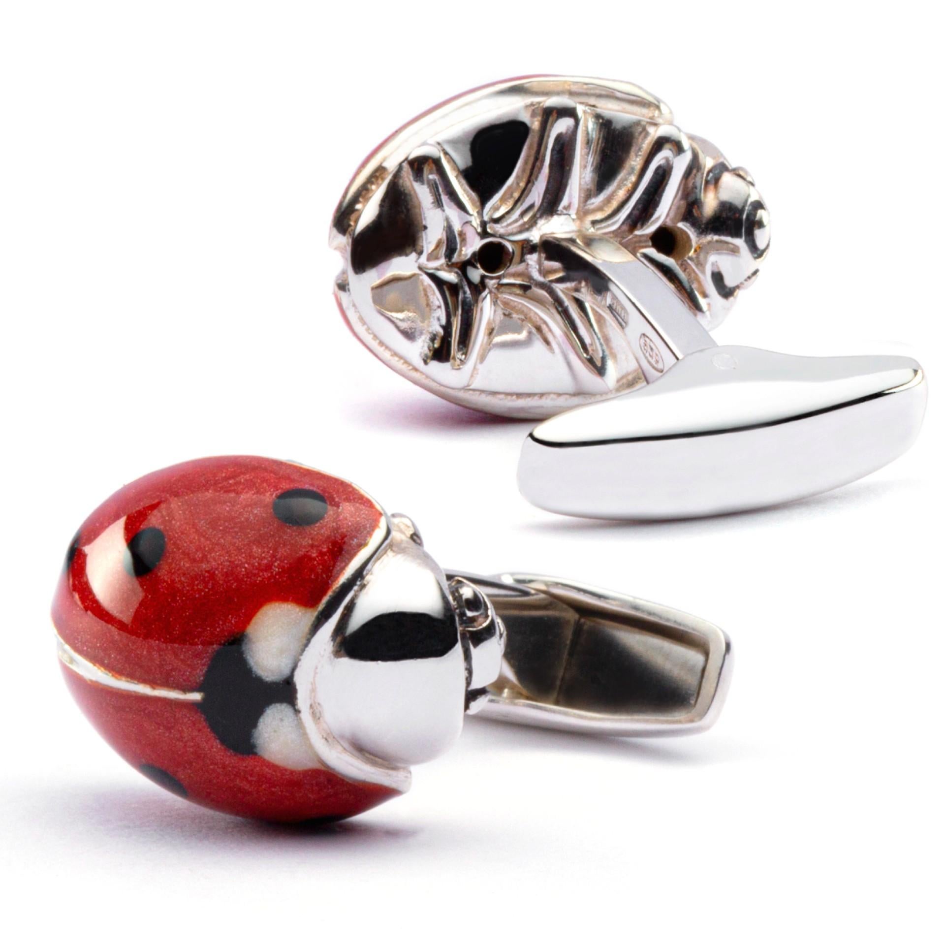 Boutons de manchette Alex Jona en argent sterling émaillé rouge et noir coccinelle Neuf - En vente à Torino, IT