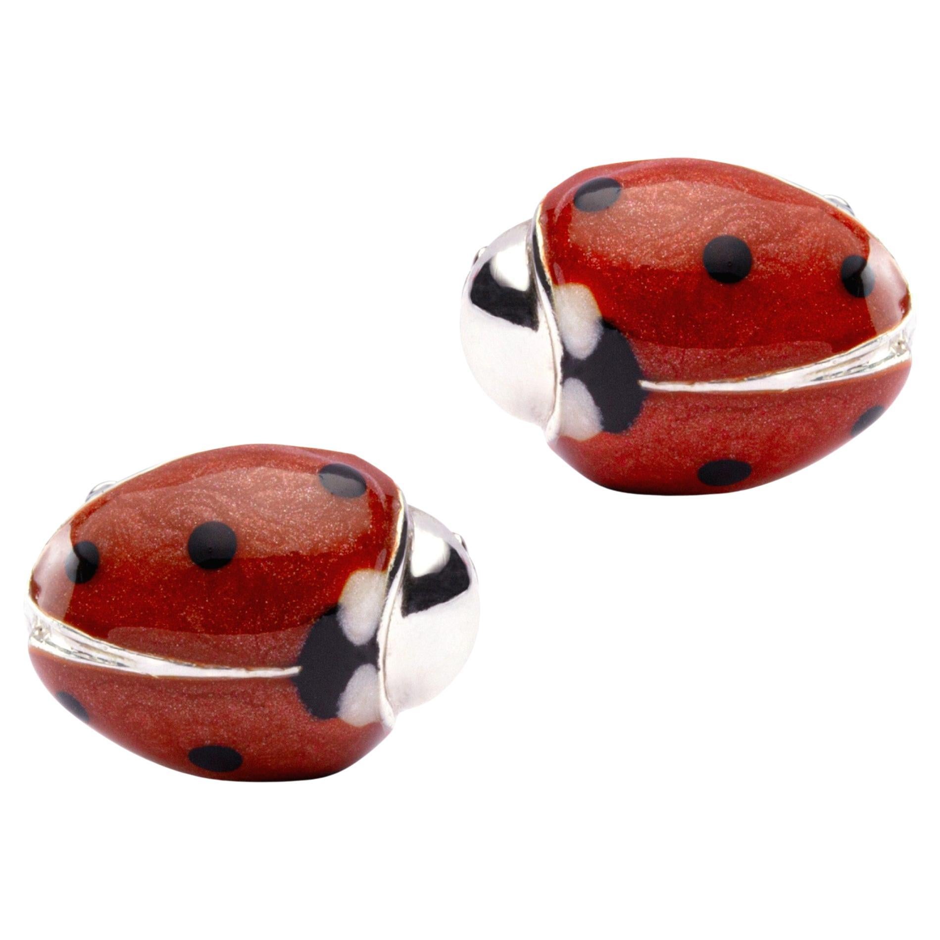 Alex Jona Enamel Sterling Silver Red and Black Enamel Ladybug Cufflinks For Sale