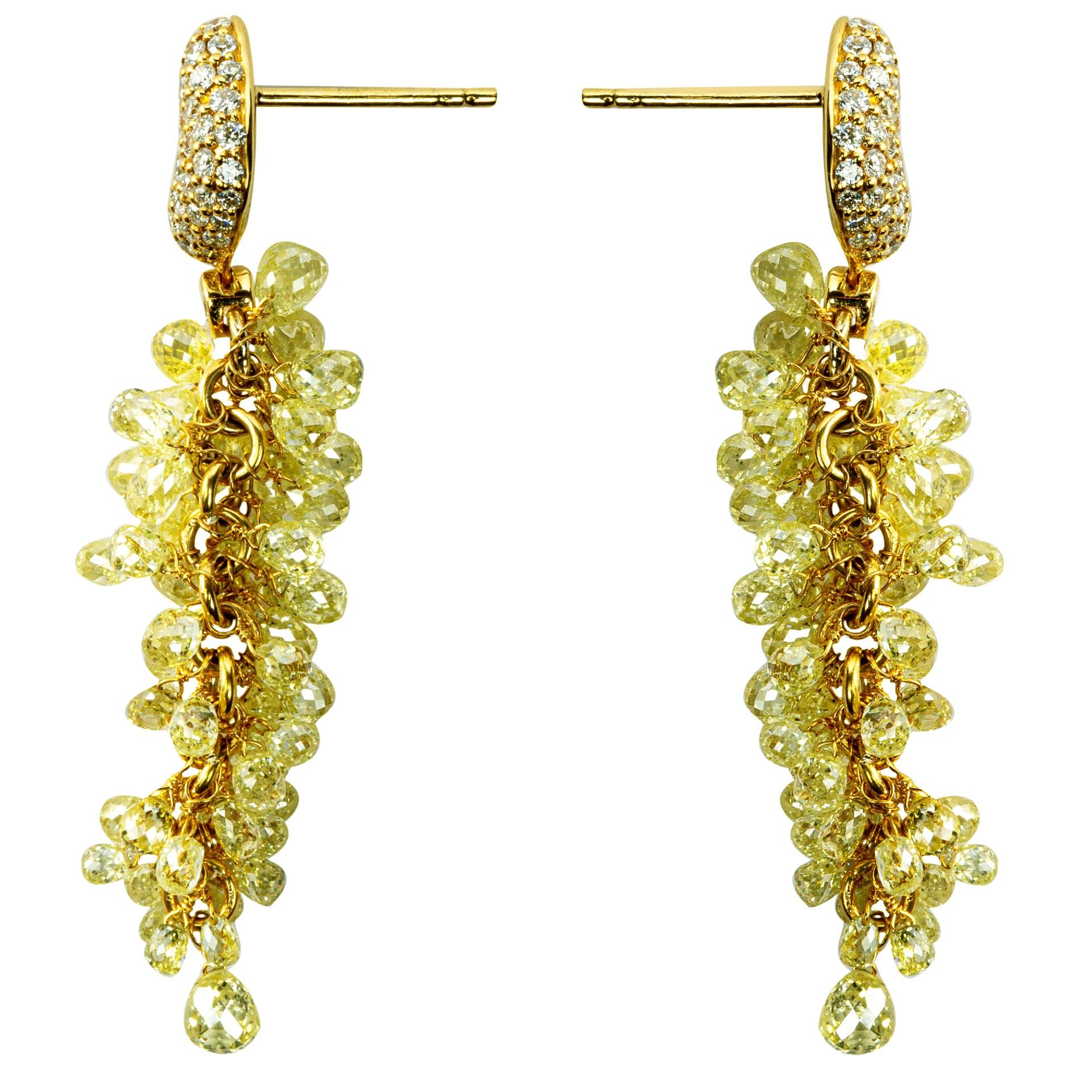 Briolette Cut Alex Jona Diamond 18 Karat Yellow Gold Cluster Earrings For Sale