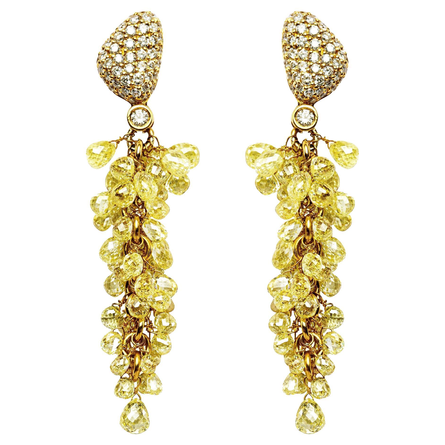 Hanging Diamond Earrings Fancy Yellow and White Diamonds For Sale at