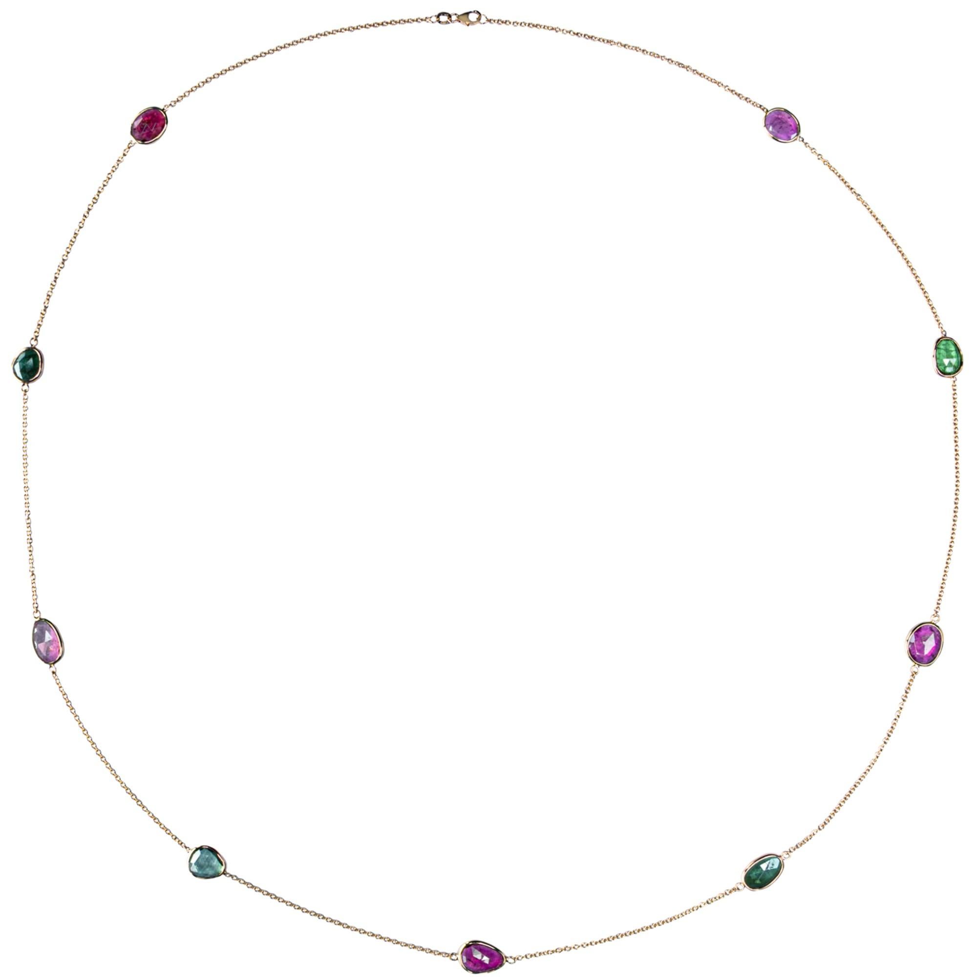 Alex Jona Flat Cut Rubelite & Green Tourmaline 18K Rose Gold Long Chain Necklace In New Condition For Sale In Torino, IT