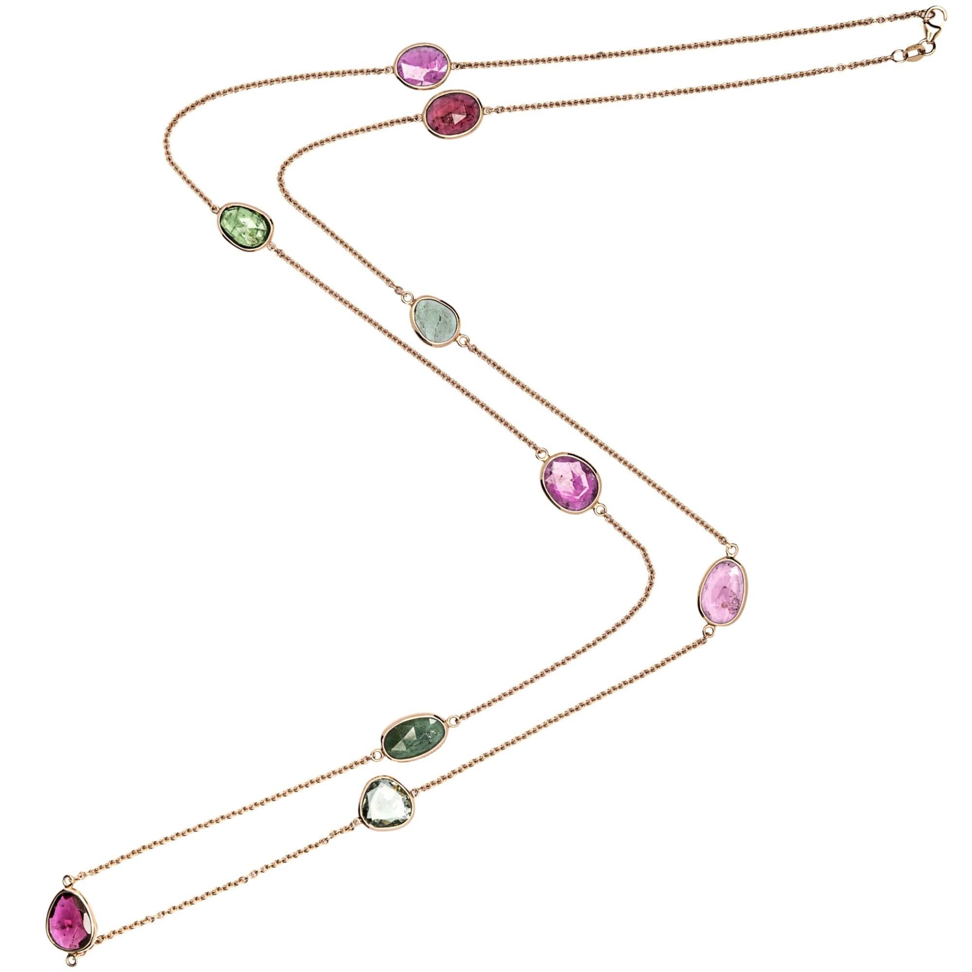 Alex Jona Flat Cut Rubelite & Green Tourmaline 18K Rose Gold Long Chain Necklace For Sale