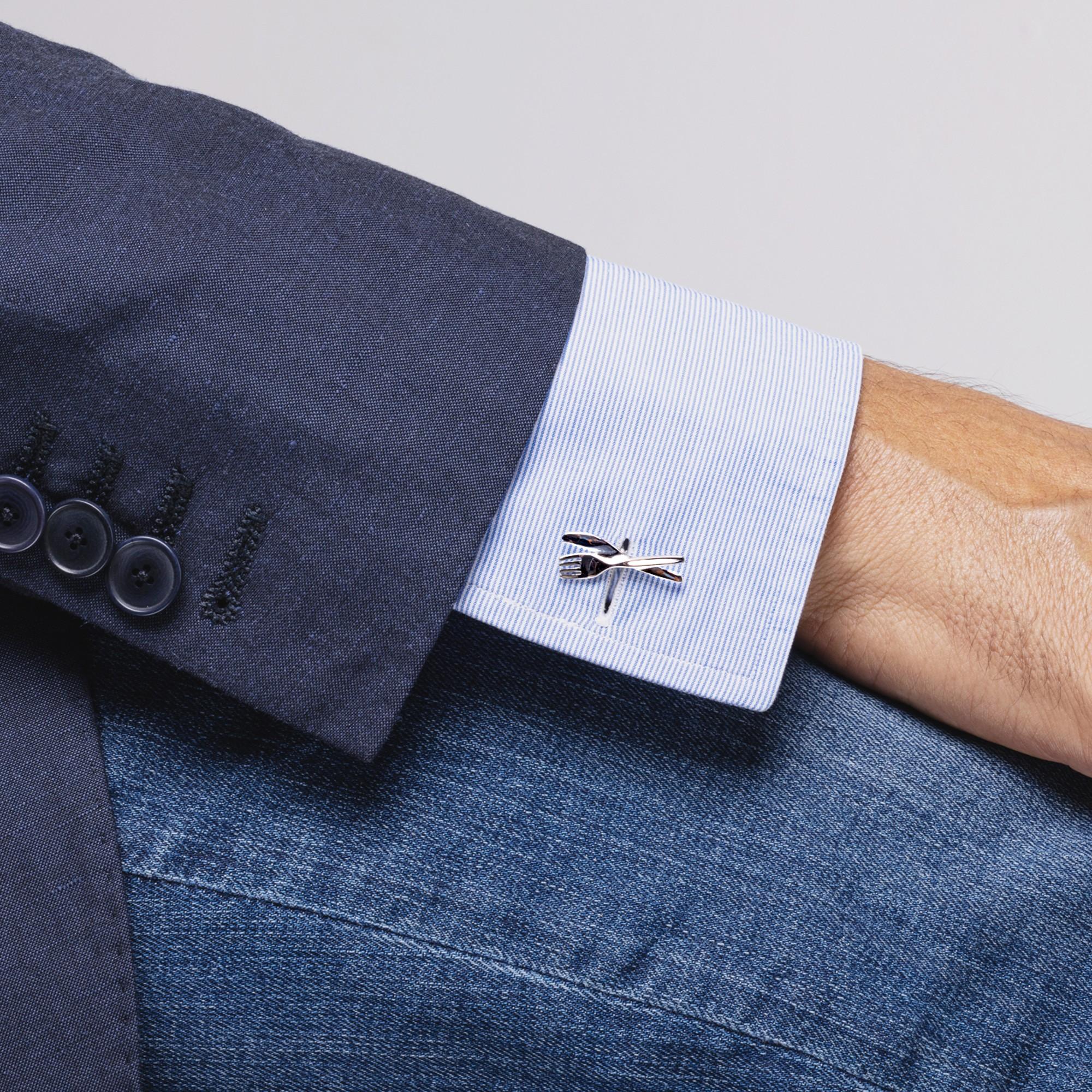 Alex Jona design collection, hand crafted in Italy, rhodium plated sterling silver fork and knife cufflinks. Marked Alex Jona -925. These cufflinks feature a T-Bar fastening, aiding in easy use and confidence that they'll stay secured to your shirt.