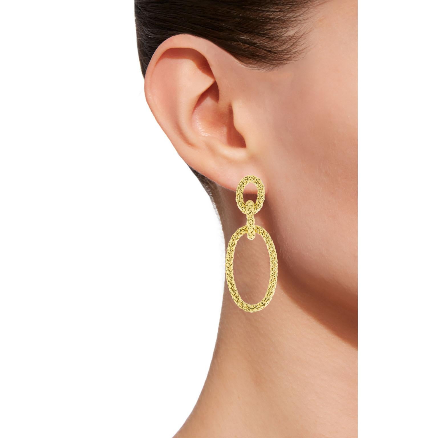 Alex Jona design collection, hand crafted in Italy, gold-plated sterling silver basket weave ear pendants. 
Dimensions: H 2.04 in / 5.20 cm X W 0.78 in / 19.86 mm X D 0.11 in / 2.98 mm
Weight: 8.7 g
Alex Jona jewels stand out, not only for their