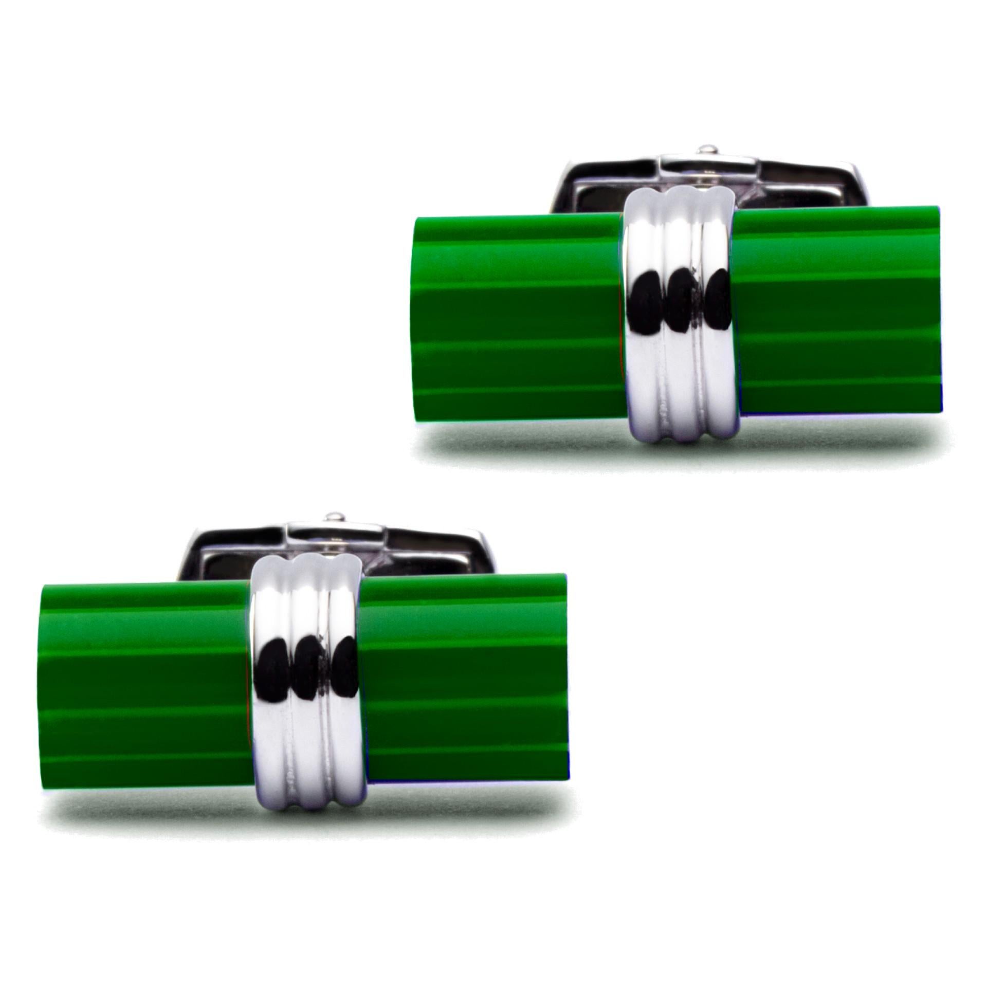 Mixed Cut Alex Jona Green Murrina Glass Bar Sterling Silver Cufflinks For Sale