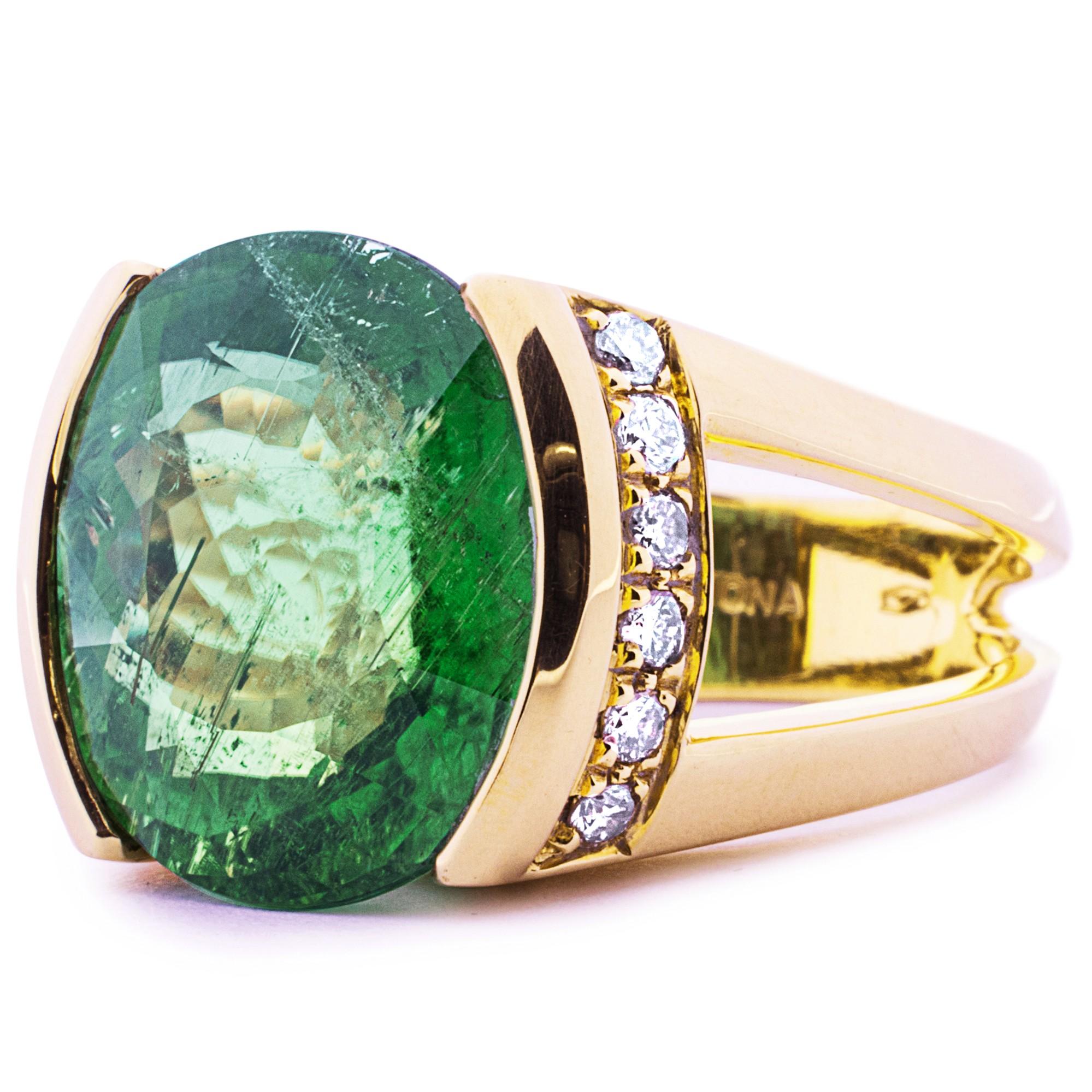 Taille ronde Bague Alex Jona en or jaune avec tourmaline verte et diamant blanc en vente