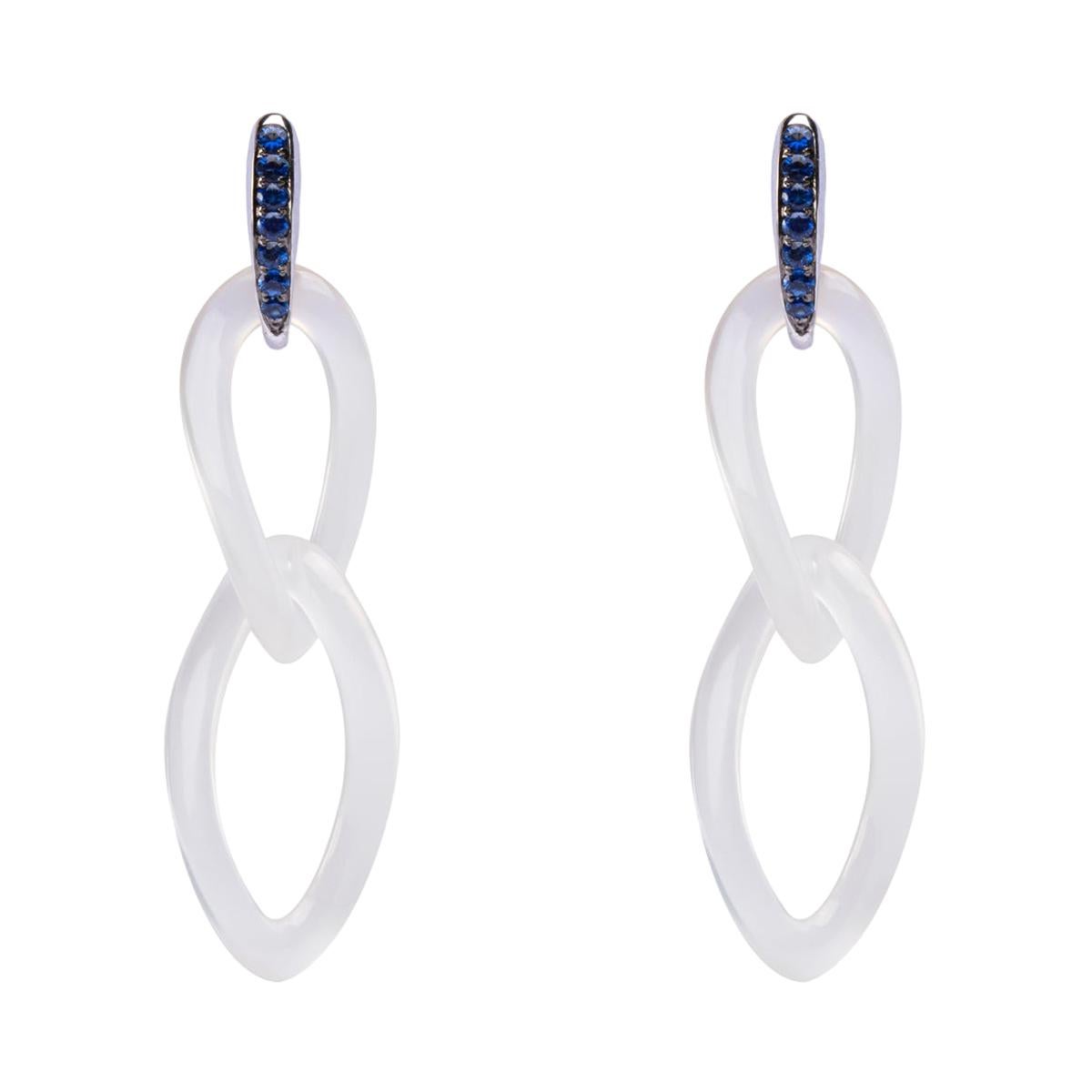 Alex Jona Grey Agate & Blue Sapphire 18 Karat White Gold Pendant Earrings For Sale