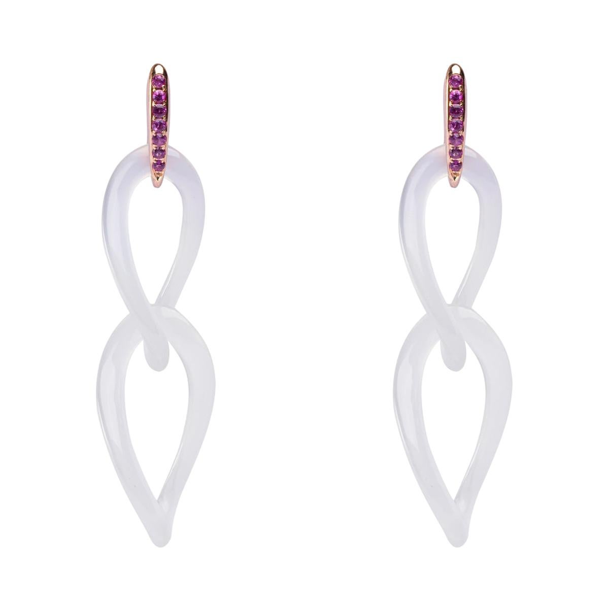Alex Jona Grey Agate & Pink Sapphire 18 Karat Rose Gold Pendant Earrings