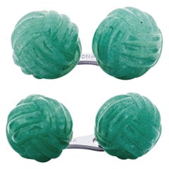 Alex Jona Hand-Carved Aventurine Knot Cufflinks in Rhodium-Plated Silver