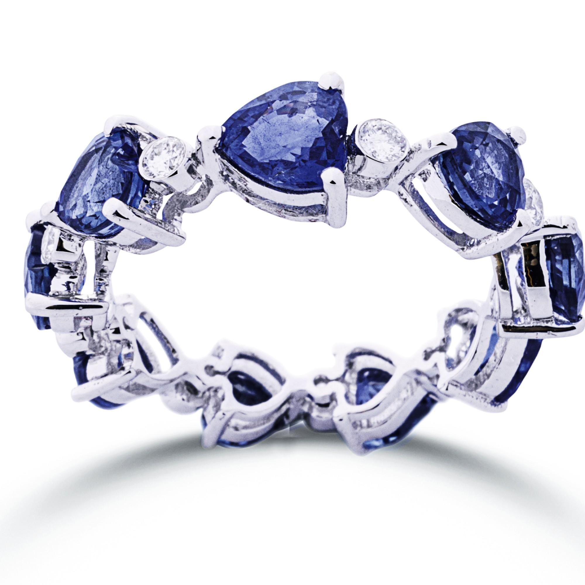 Round Cut Alex Jona Heart Blue Sapphire White Diamond 18 Karat White Gold Eternity Ring For Sale