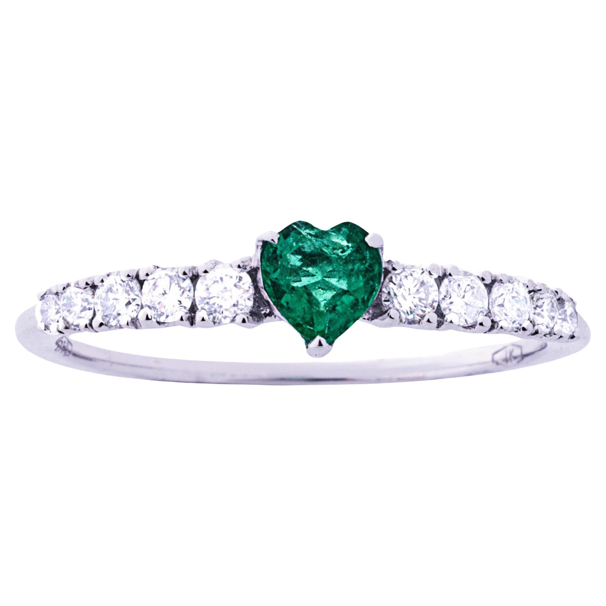 Alex Jona Heart Cut Emerald & White Diamond 18 Karat White Gold Solitaire Ring For Sale
