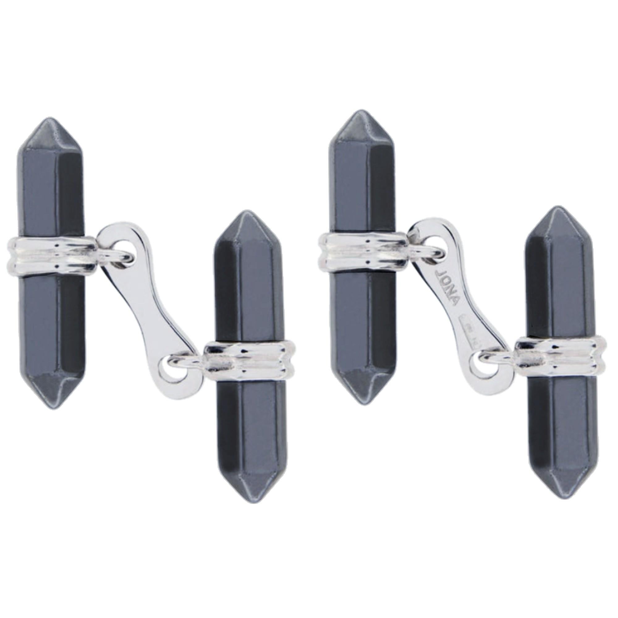 Mixed Cut Alex Jona Hematite Prism Bar Sterling Silver Cufflinks For Sale