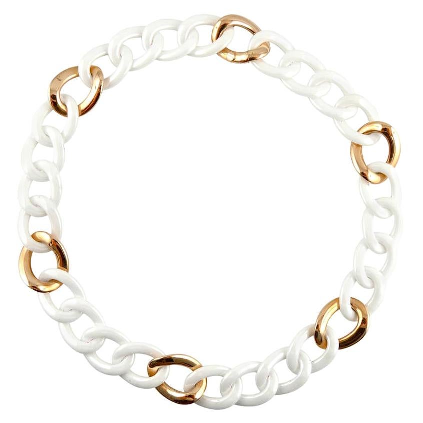 Alex Jona Collar Curb-Link de cerámica blanca de alta tecnología y oro rosa de 18 quilates