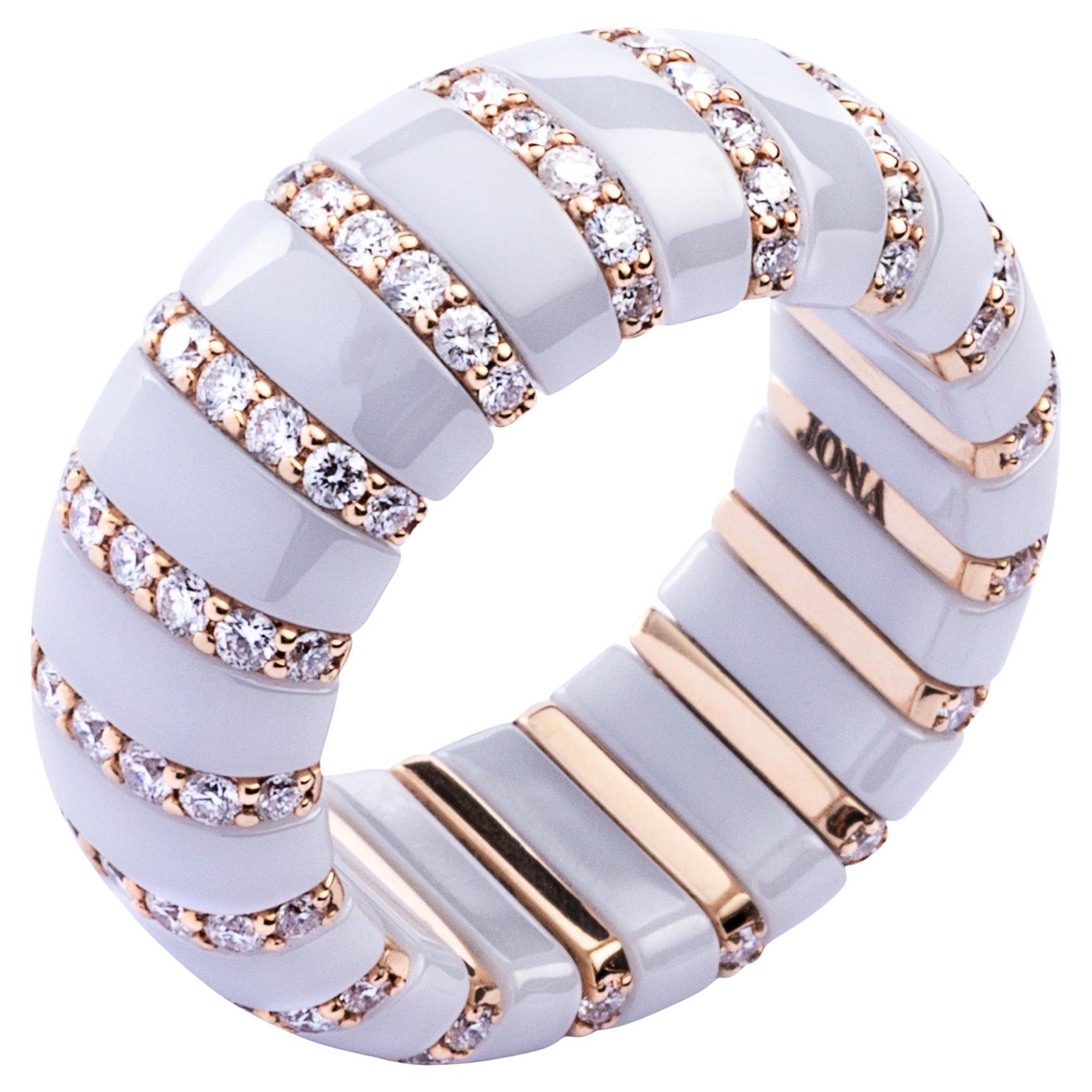 Alex Jona High-Tech White Ceramic White Diamond 18 Karat Rose Gold Flexible Ring For Sale