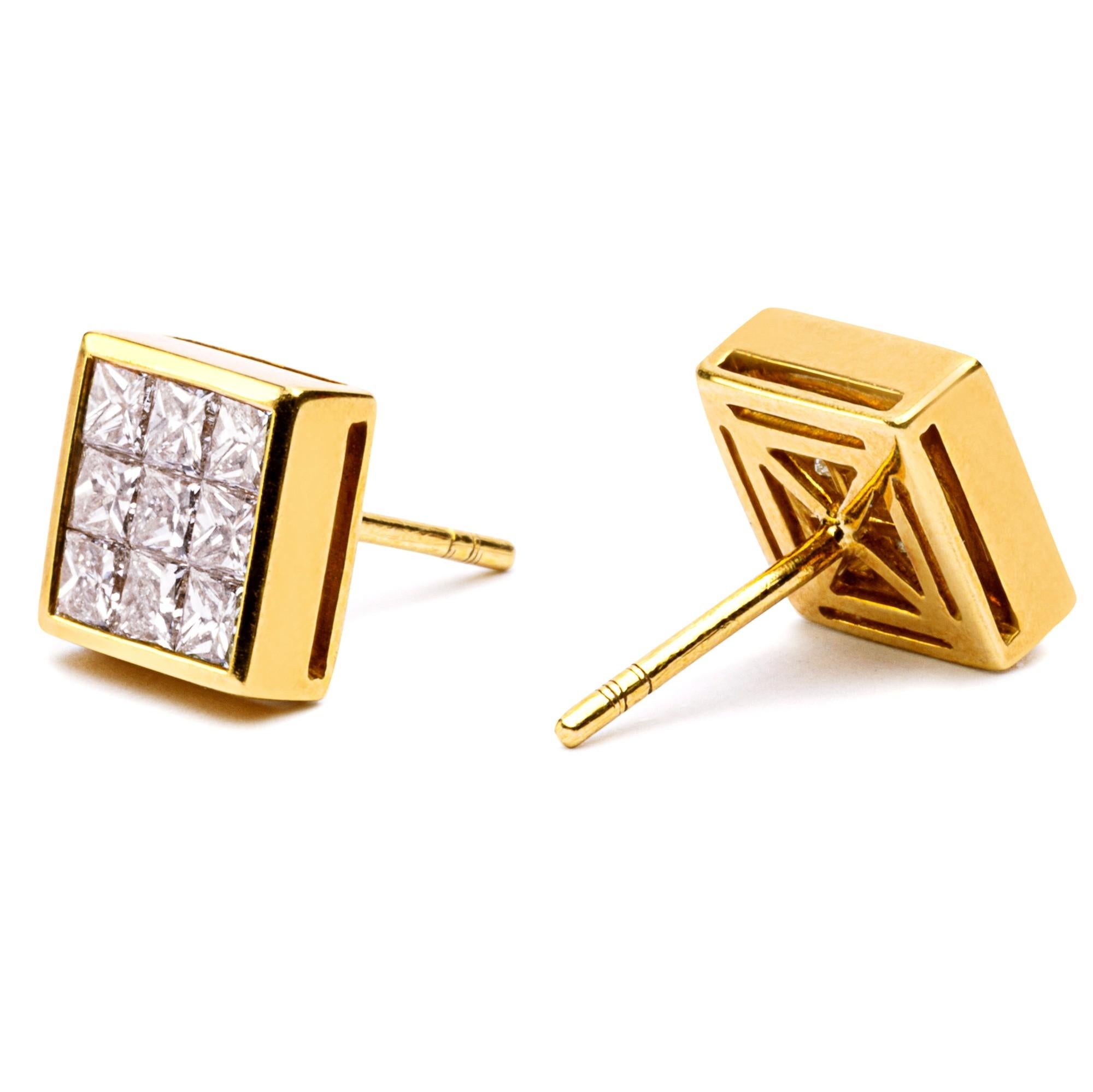 Square Cut Alex Jona Invisible-Set White Diamond 18 Karat Yellow Gold Stud Earrings For Sale