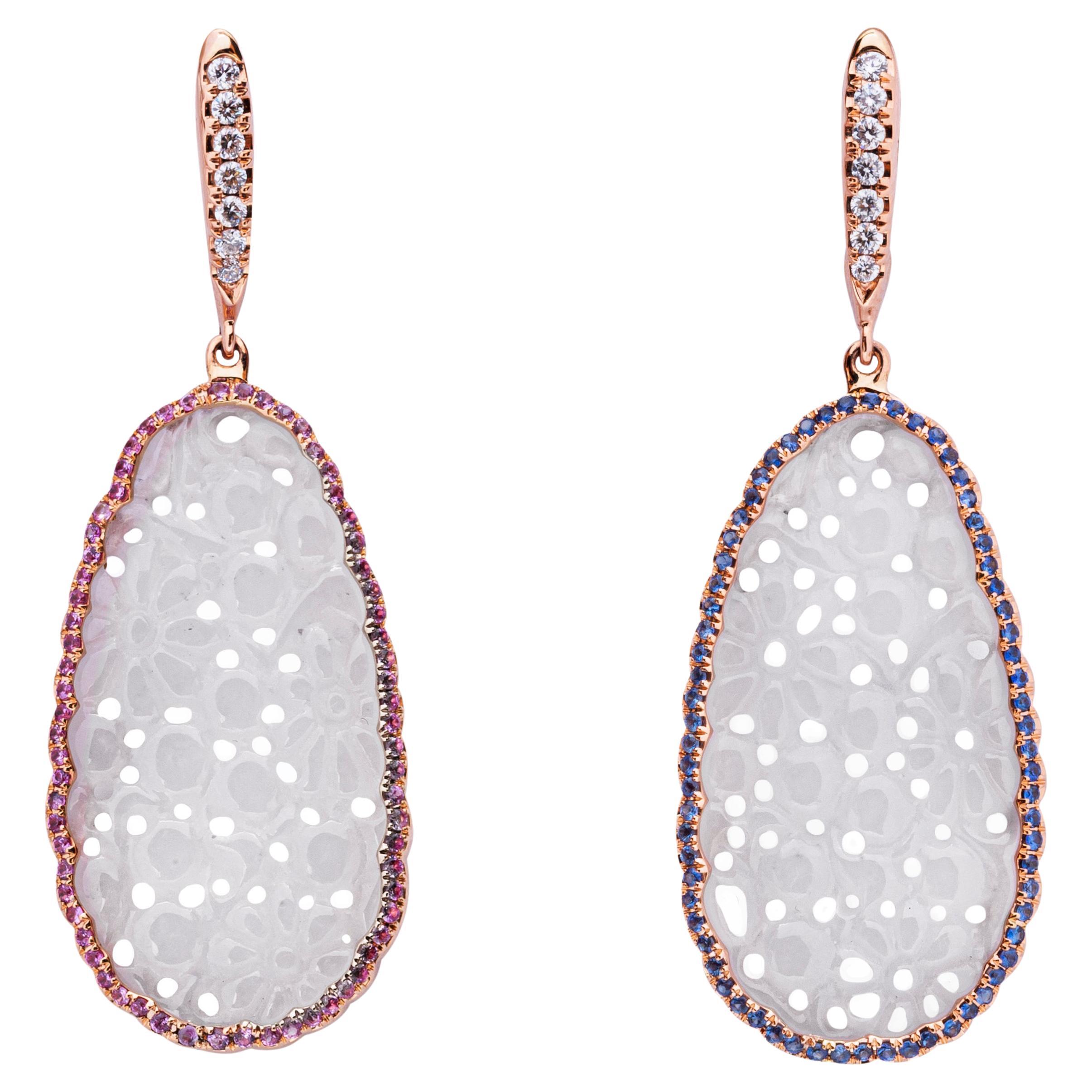 Alex Jona Jade Diamond Blue & Pink Sapphire 18 Karat Rose Gold Dangle Earrings For Sale