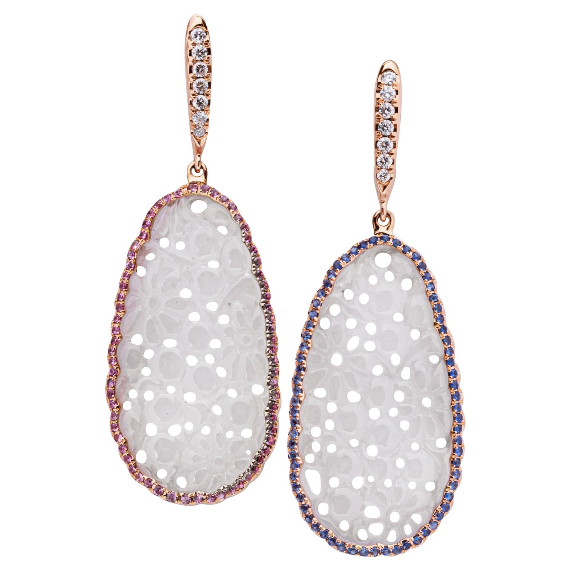 Alex Jona Pendientes colgantes de oro rosa de 18 quilates con diamante de jade, zafiro azul y rosa