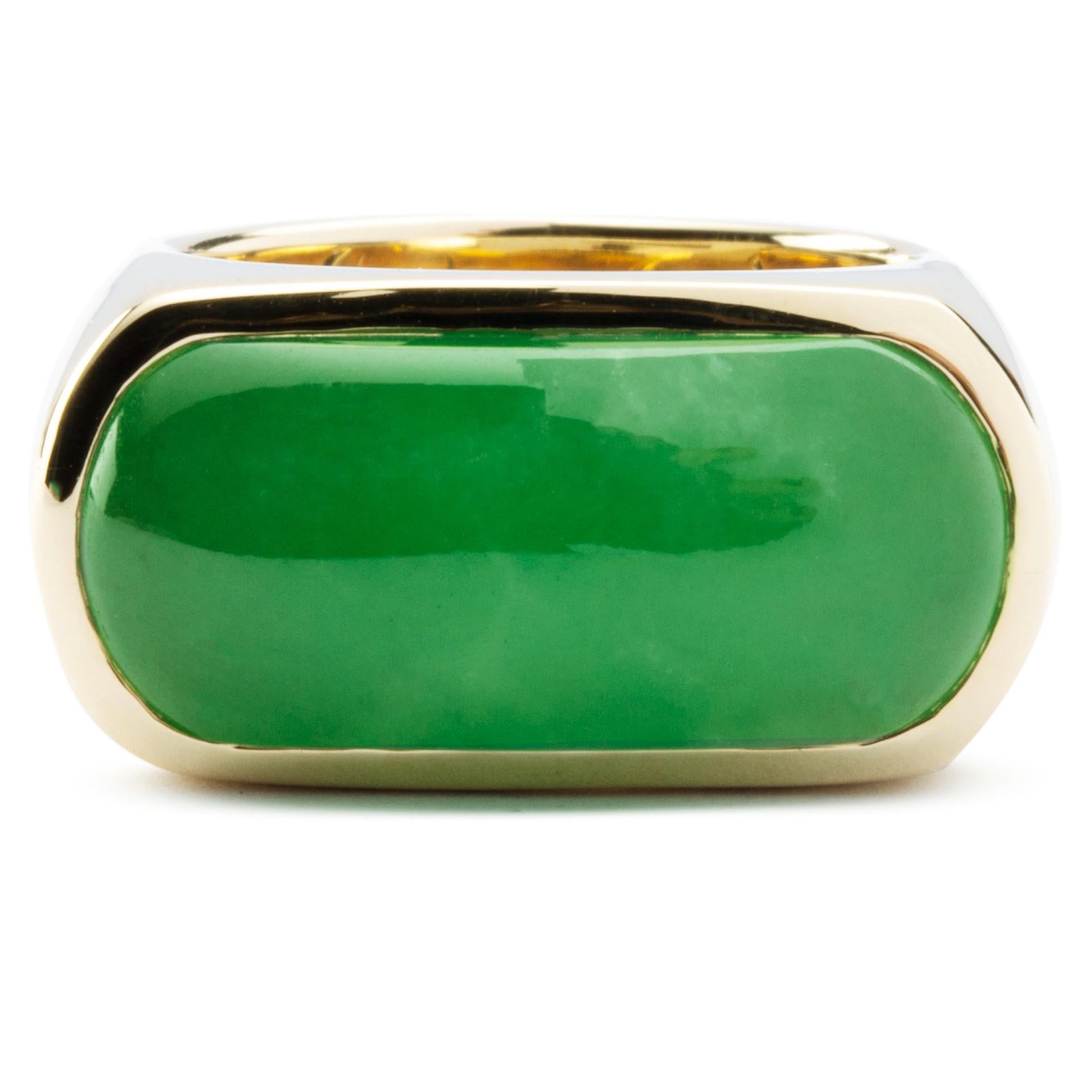 Alex Jona design collection, hand crafted in Italy, 18 karat yellow gold ring set with an oblong Burmese Jade weighing 9.20 carats. Ring size US 6.5- EU 12, can be sized to any specification. Ring Dimensions: H 0.95 in x W 0.95 in x Dm 0.63 in - H