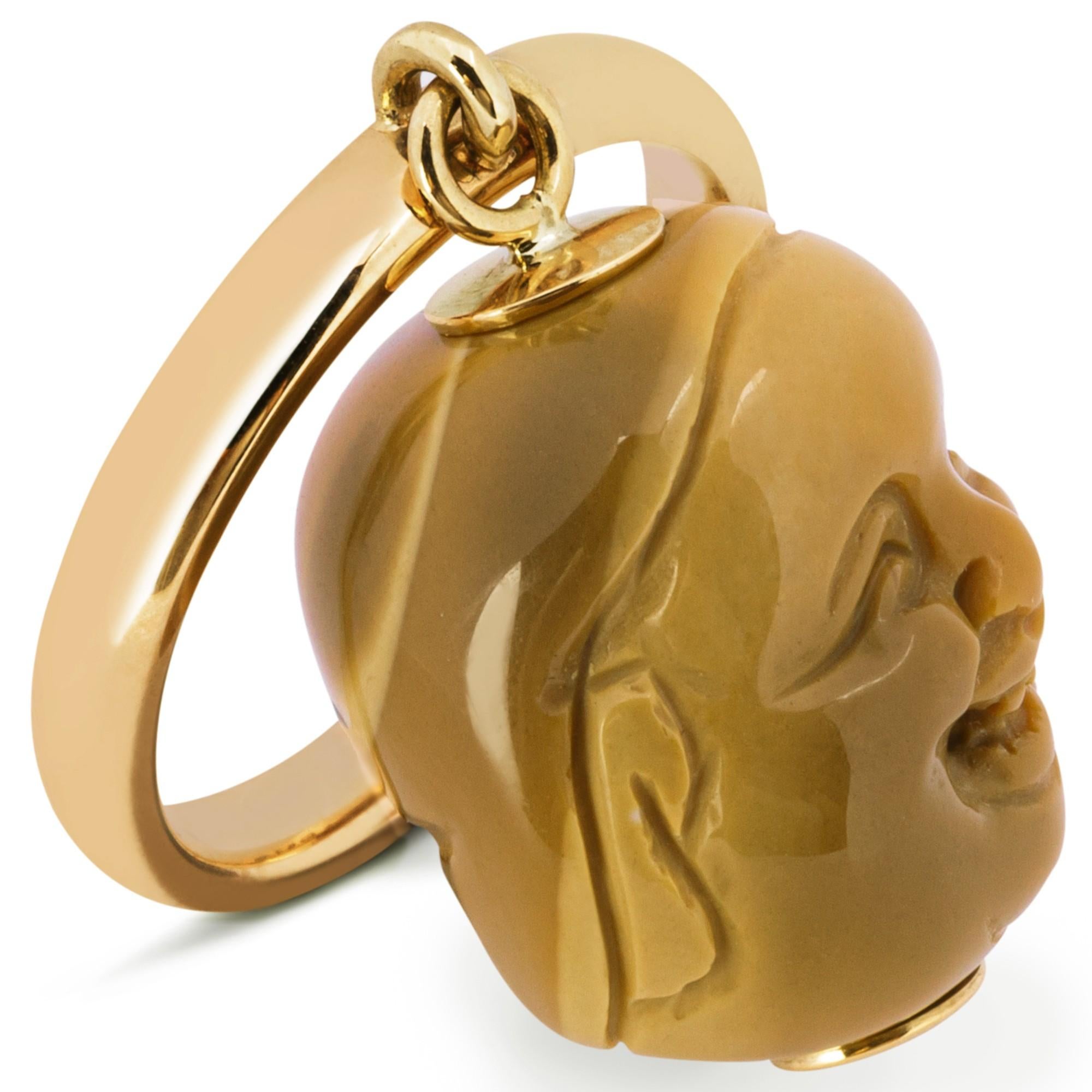 Cushion Cut Alex Jona Jasper Smile Face Charm 18 Karat Yellow Gold Ring For Sale