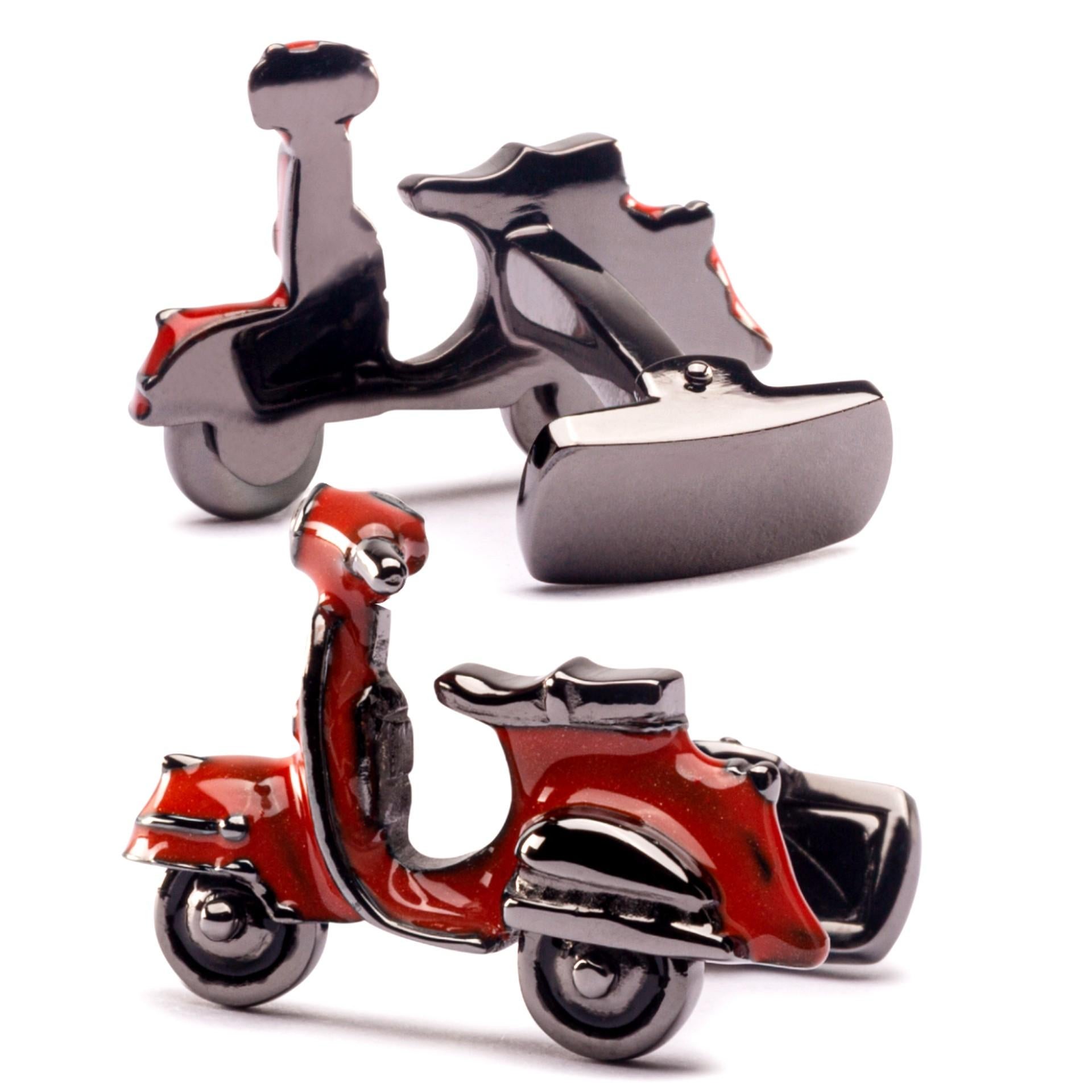 Alex Jona Red Enamel Silver Scooter Rhodium Cufflinks In New Condition For Sale In Torino, IT