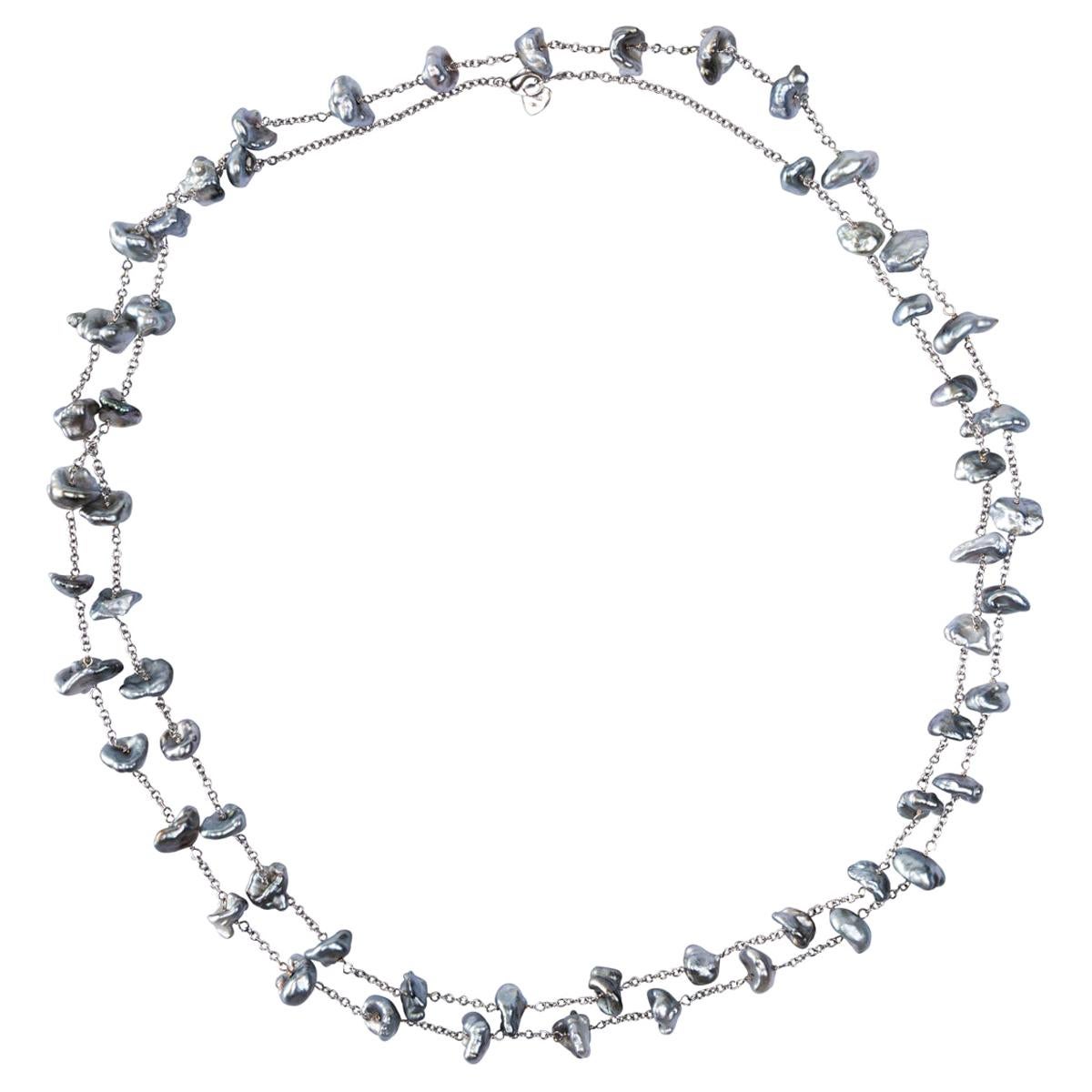 Alex Jona Keshi Grey Pearl 18 Karat White Gold Long Chain Necklace For Sale