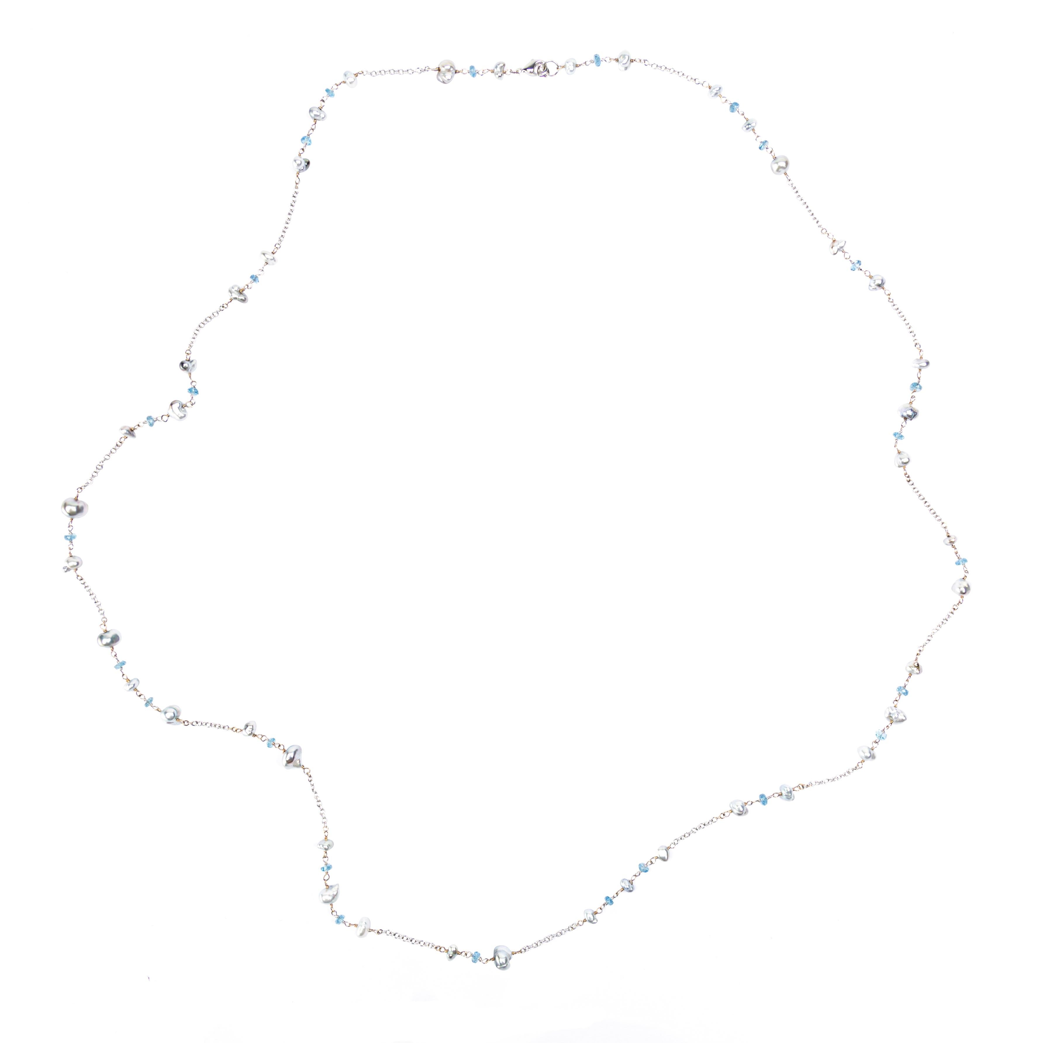 Contemporary Alex Jona Keshi Pearl Aquamarine White Gold Sautoir Long Necklace For Sale