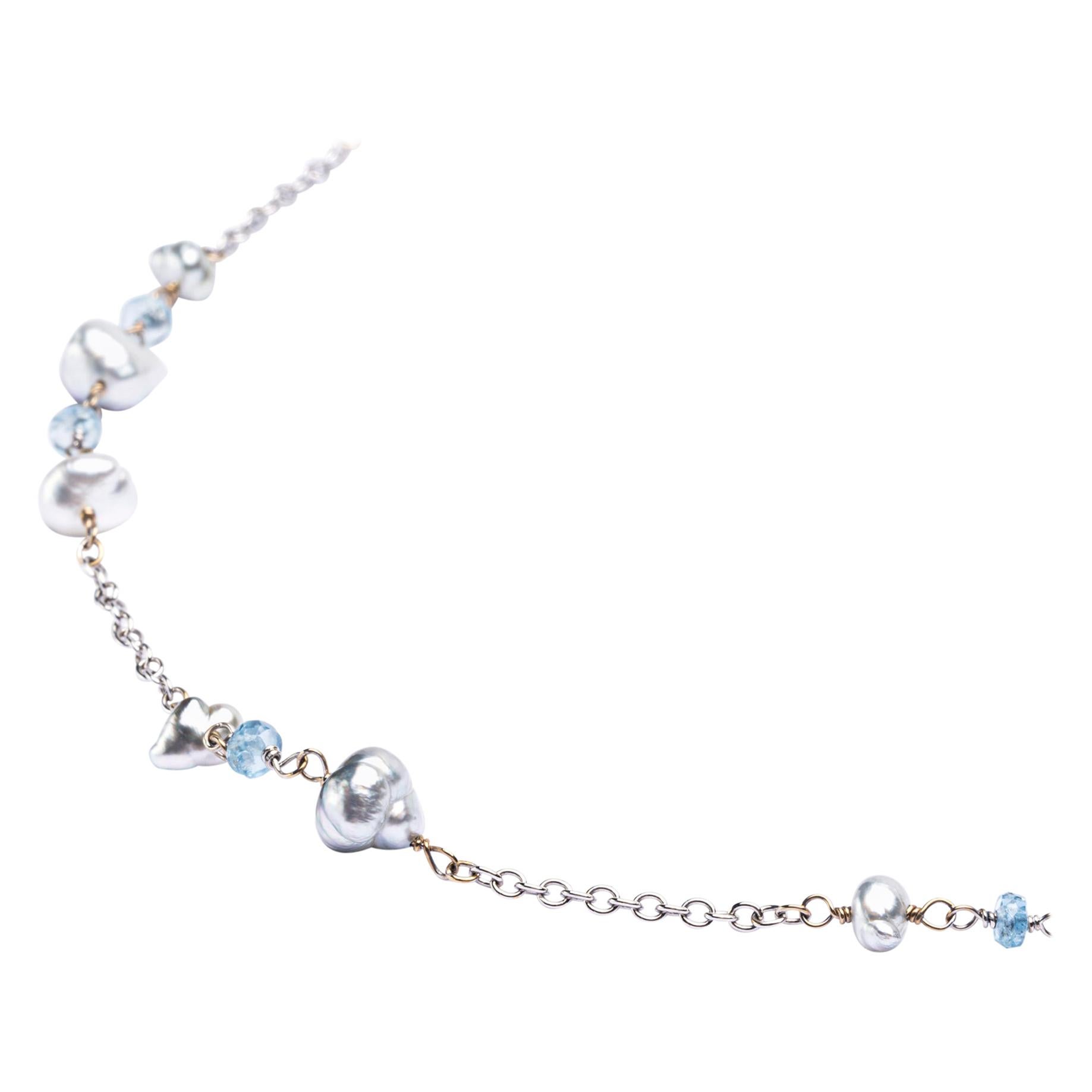 Alex Jona Keshi Pearl Aquamarine White Gold Sautoir Long Necklace For Sale