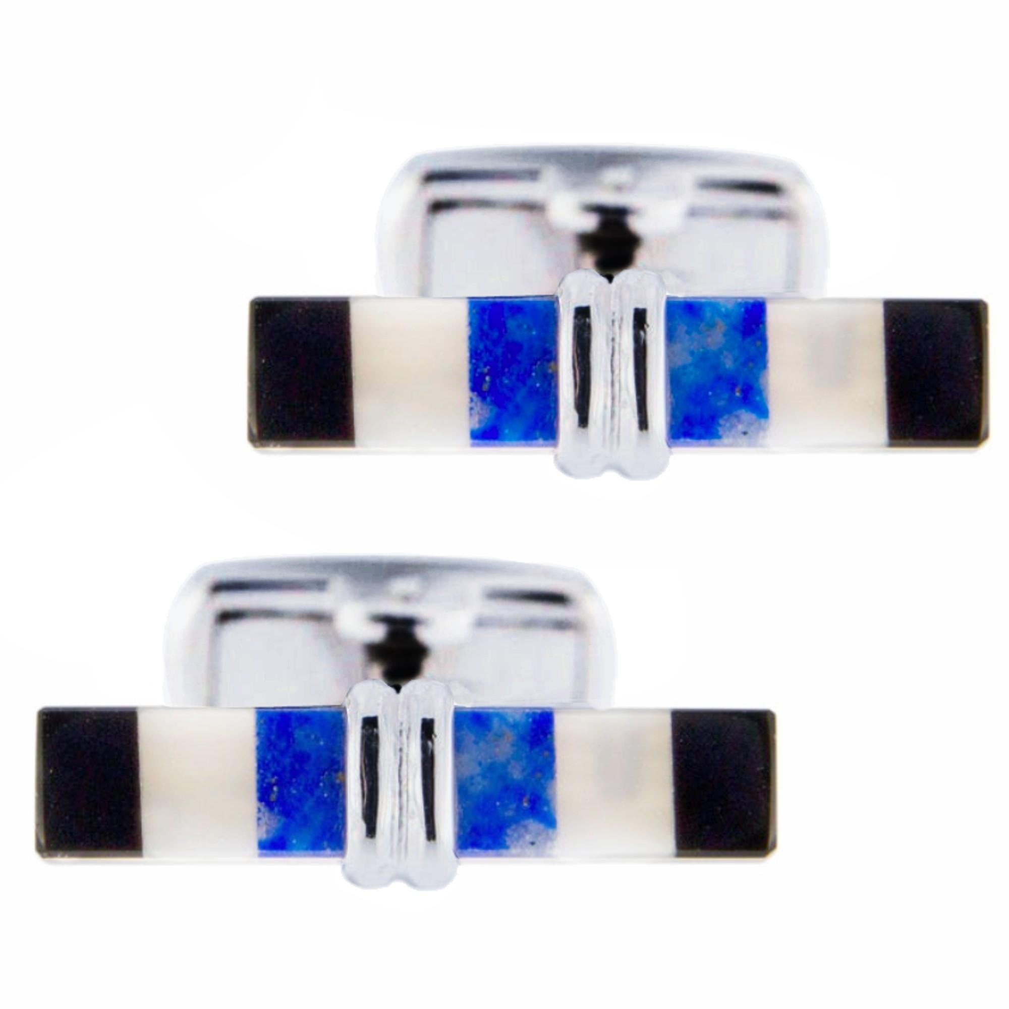 Mixed Cut Alex Jona Lapis Lazuli and Onyx Bar Sterling Silver Cufflinks For Sale