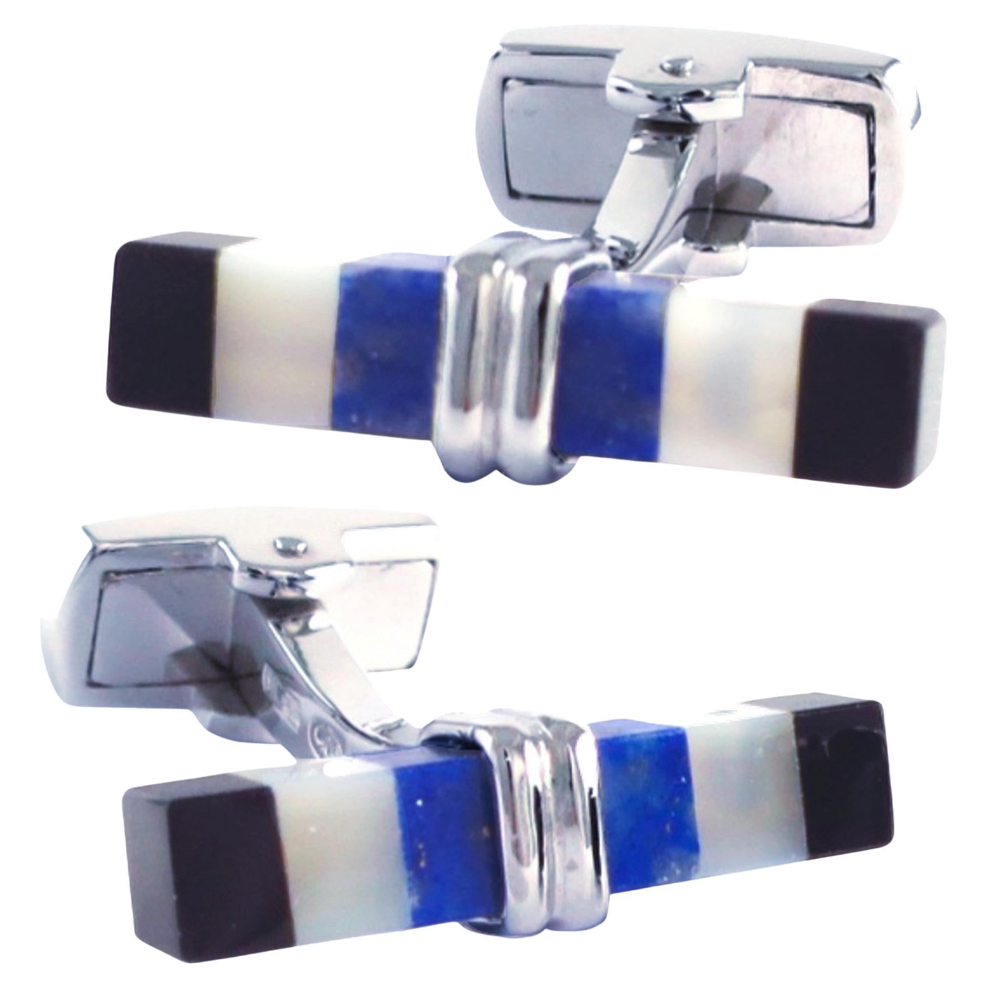 Alex Jona Lapis Lazuli and Onyx Bar Sterling Silver Cufflinks For Sale