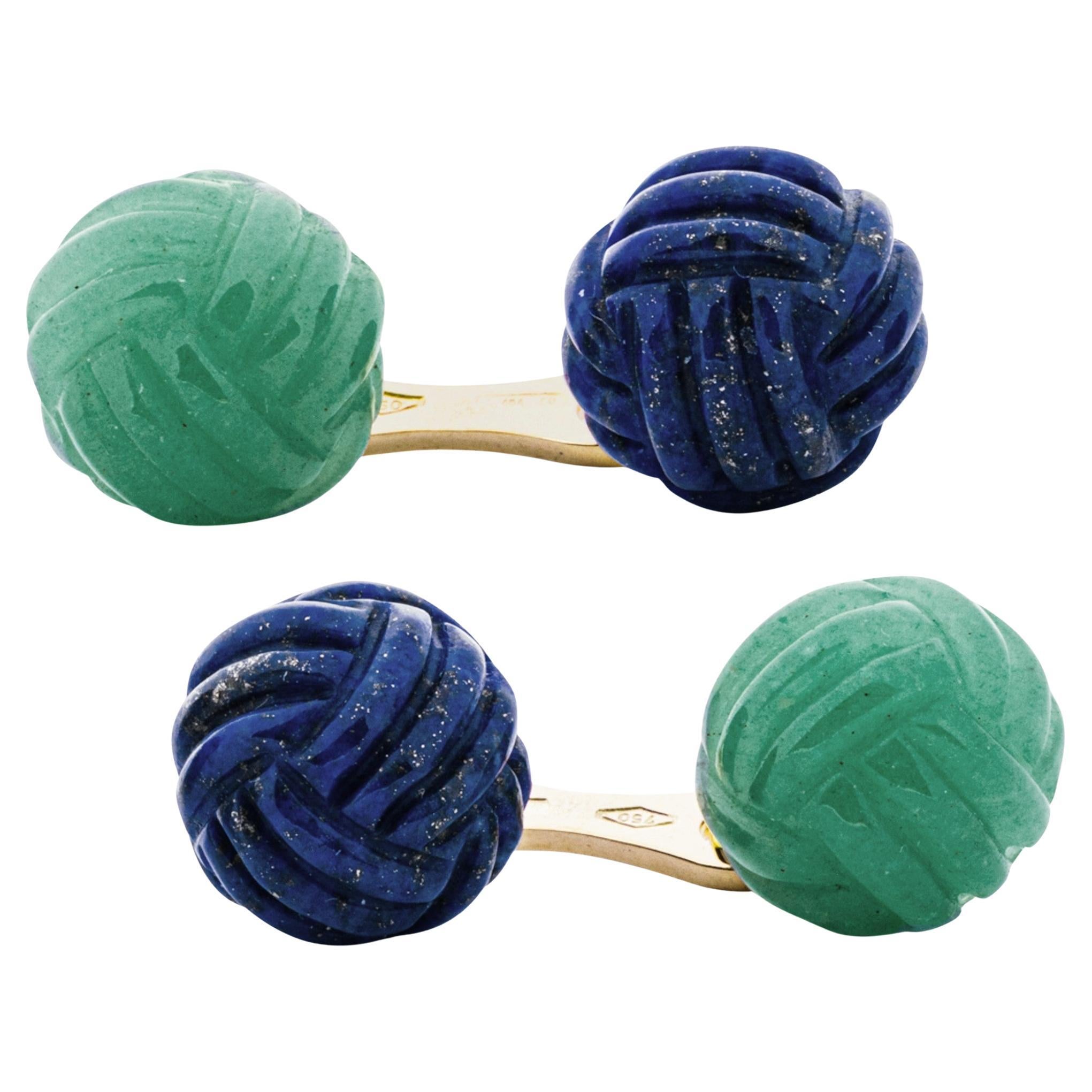 Alex Jona Lapis Lazuli Aventurine 18 Karat Gold Monkey's Fist Knot Cufflinks