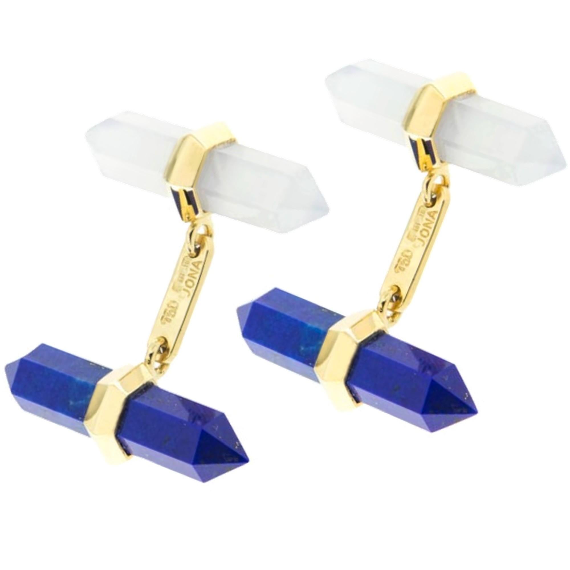 Mixed Cut Alex Jona Lapis Lazuli Chalcedony 18 Karat Yellow Gold Prism Bar Cufflinks For Sale