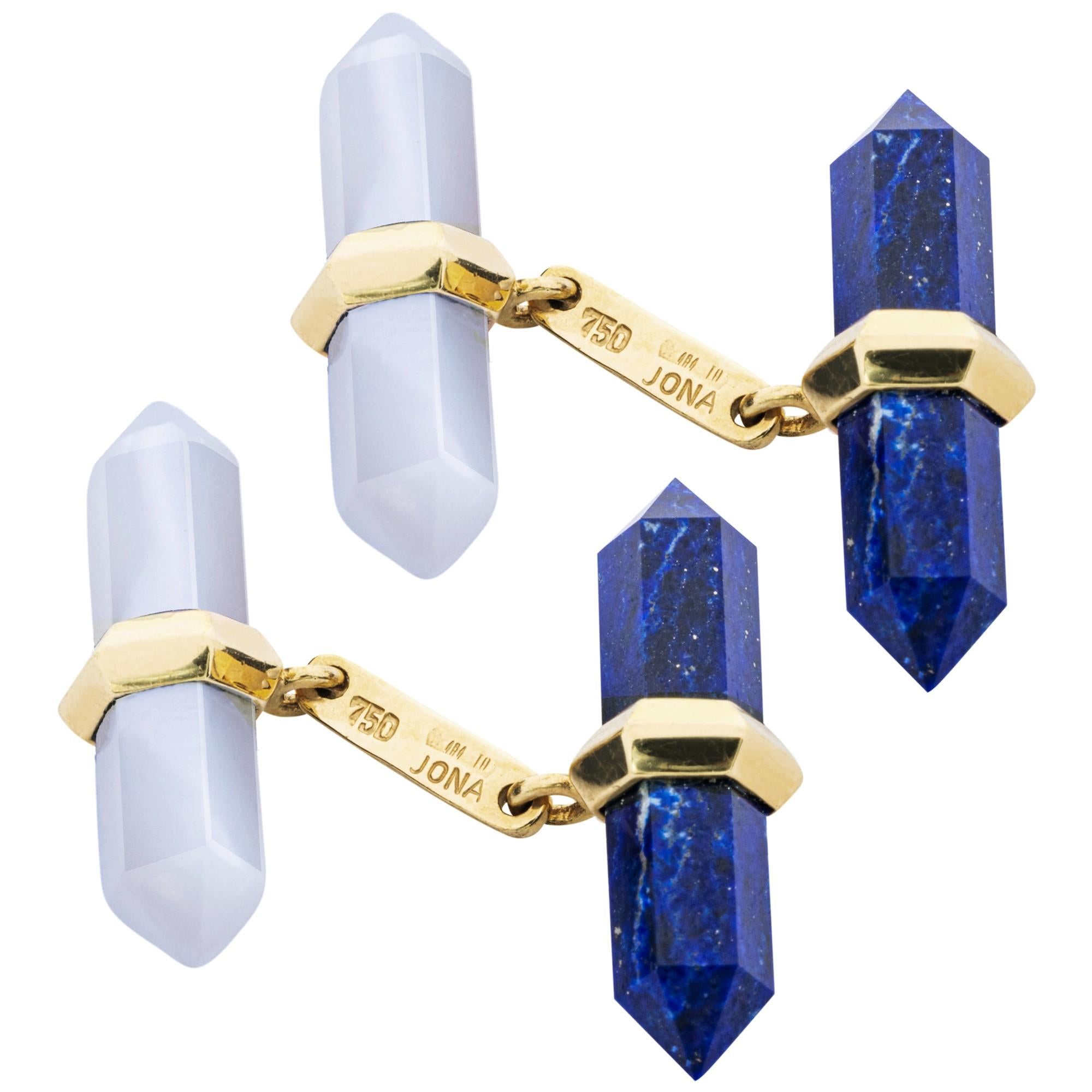 Mixed Cut Alex Jona Lapis Lazuli Chalcedony 18 Karat Yellow Gold Prism Bar Cufflinks For Sale