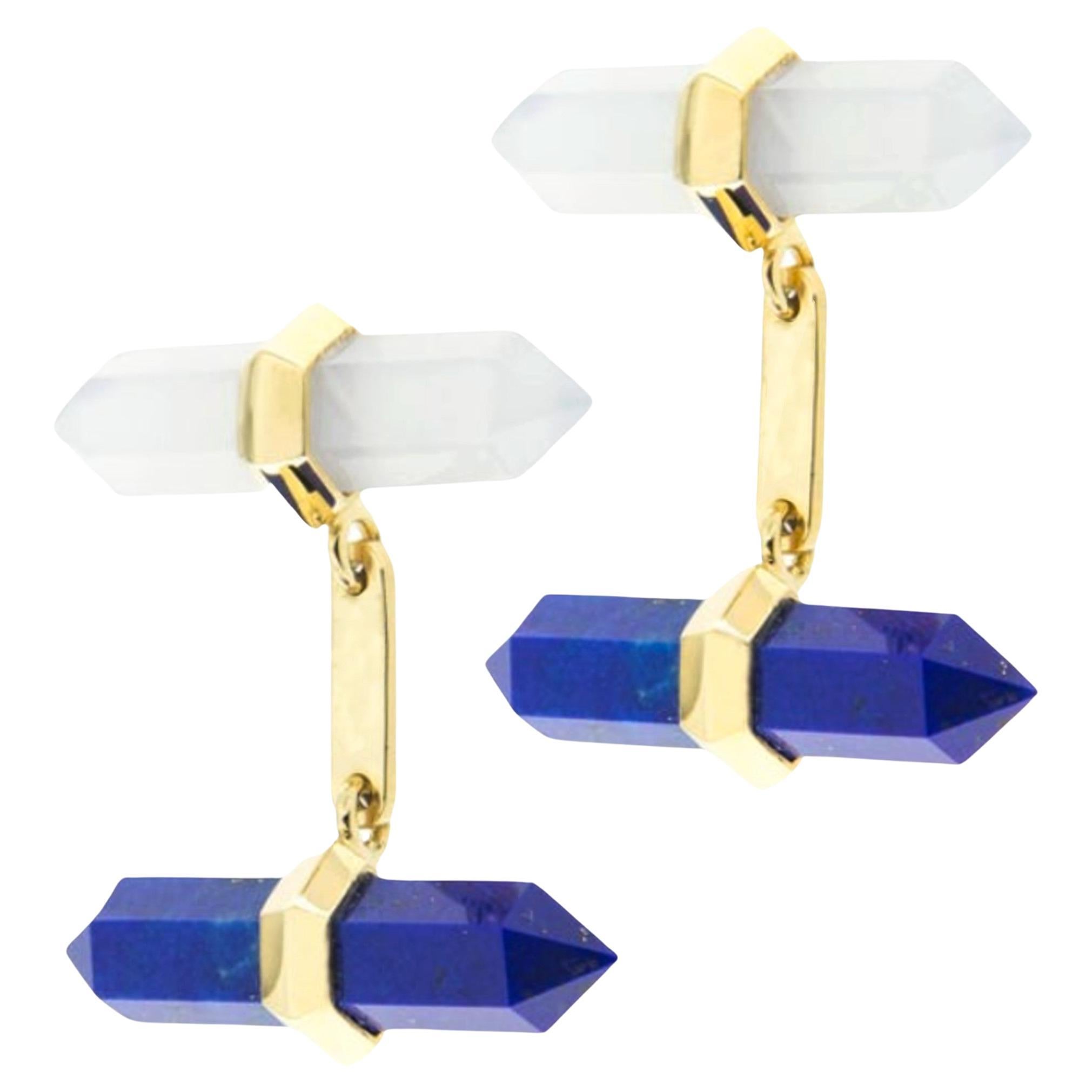 Alex Jona Boutons de manchette en or jaune 18 carats avec lapis-lazuli et calcédoine en forme de prisme